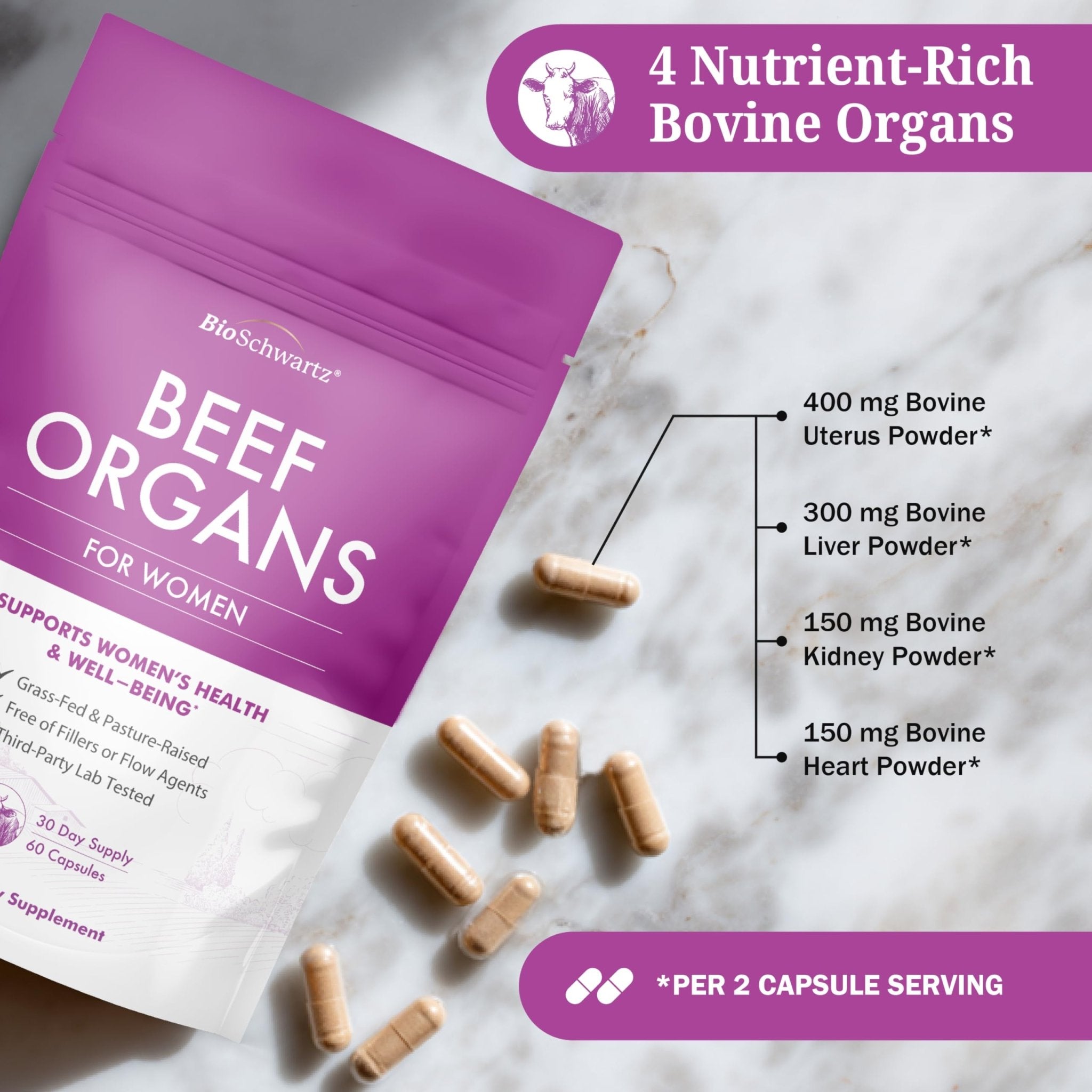 BioSchwartz Primal Beef Organ Supplement for Women - 60 Capsules - Grass-Fed & Pasture-Raised - Supports Healthy Hair Skin and Nails, Hormone Balance - with Bovine Liver, Kidney, Heart, Uterus Powder - TrustMedUSA