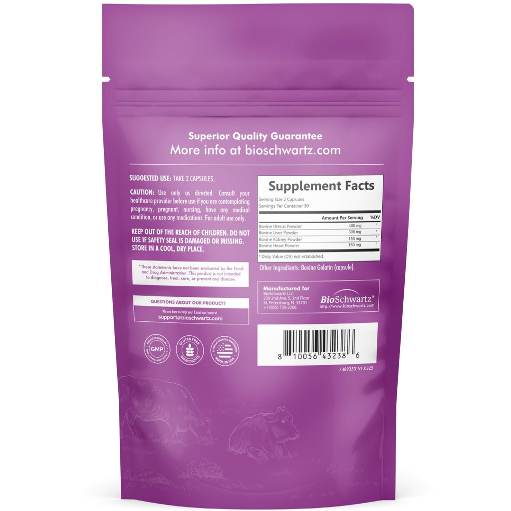 BioSchwartz Primal Beef Organ Supplement for Women - 60 Capsules - Grass-Fed & Pasture-Raised - Supports Healthy Hair Skin and Nails, Hormone Balance - with Bovine Liver, Kidney, Heart, Uterus Powder - TrustMedUSA