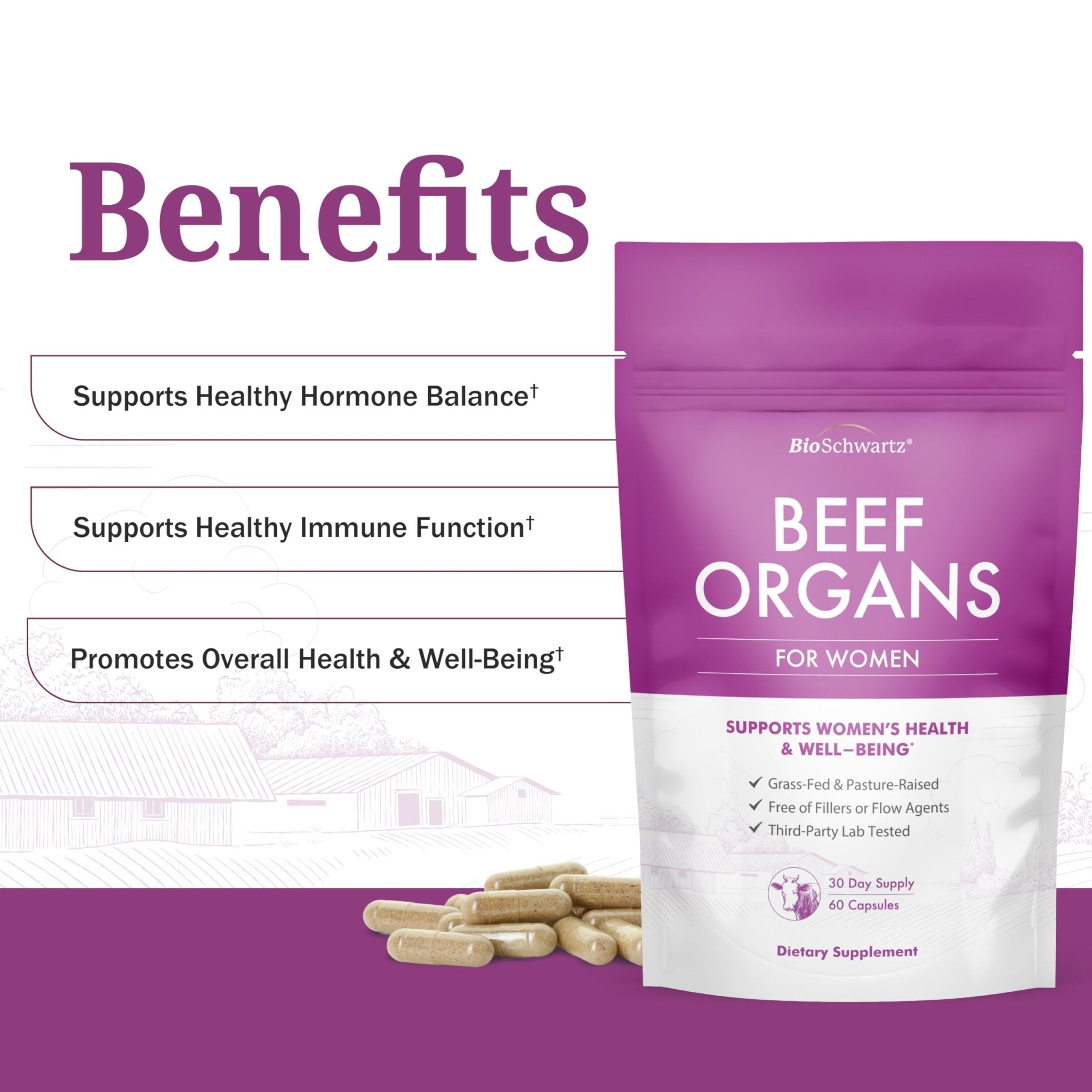 BioSchwartz Primal Beef Organ Supplement for Women - 60 Capsules - Grass-Fed & Pasture-Raised - Supports Healthy Hair Skin and Nails, Hormone Balance - with Bovine Liver, Kidney, Heart, Uterus Powder - TrustMedUSA