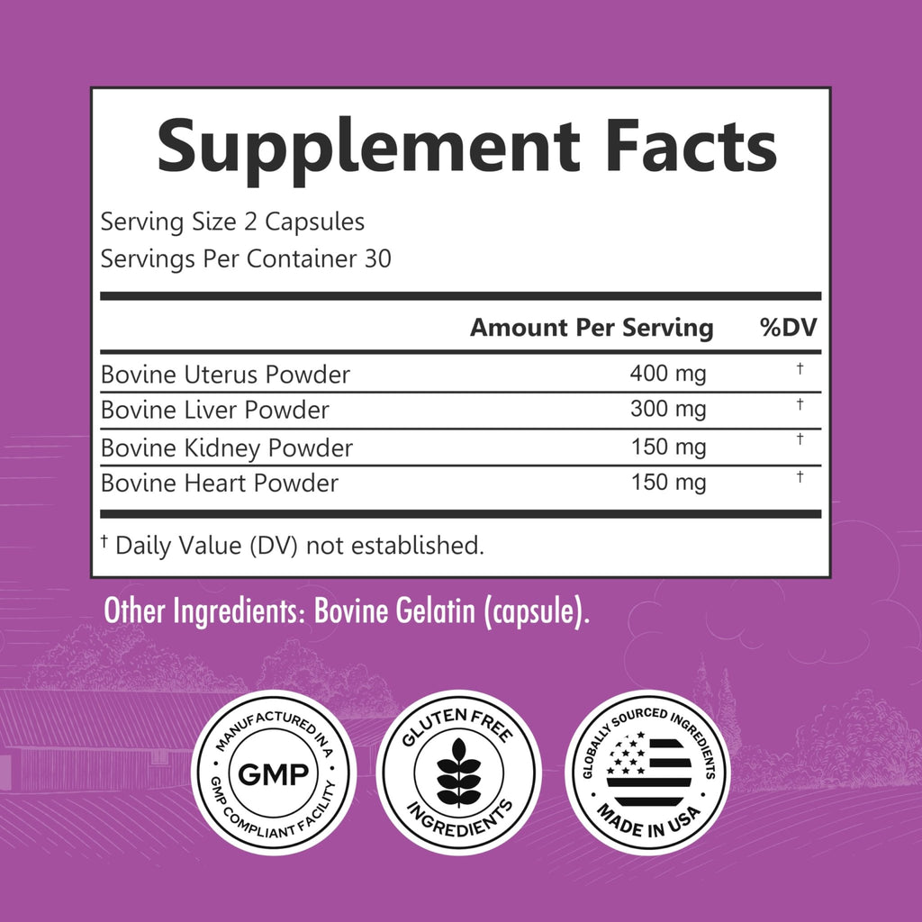 BioSchwartz Primal Beef Organ Supplement for Women - 60 Capsules - Grass-Fed & Pasture-Raised - Supports Healthy Hair Skin and Nails, Hormone Balance - with Bovine Liver, Kidney, Heart, Uterus Powder - TrustMedUSA