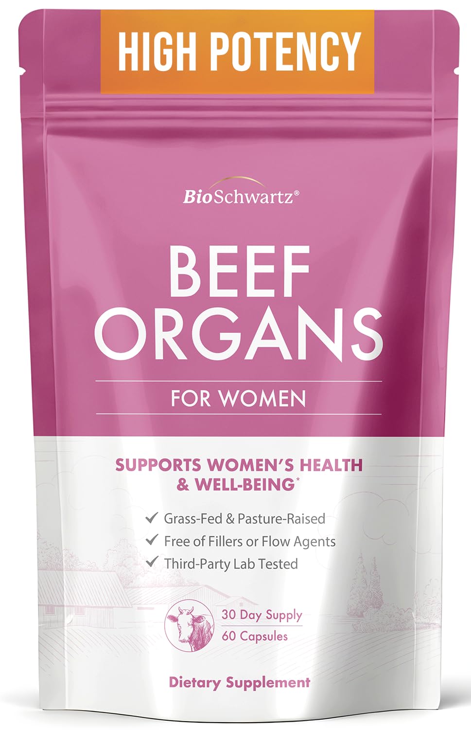 BioSchwartz Primal Beef Organ Supplement for Women - 60 Capsules - Grass-Fed & Pasture-Raised - Supports Healthy Hair Skin and Nails, Hormone Balance - with Bovine Liver, Kidney, Heart, Uterus Powder - TrustMedUSA