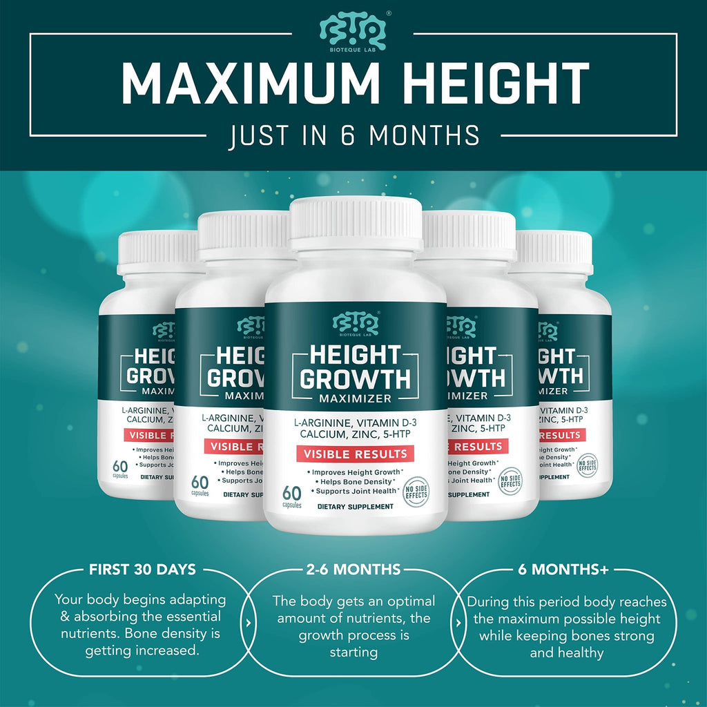 BIOTEQUELAB Height Growth Maximizer, Calcium, Vitamin D3 and Zinc Blend Pills, Bone Growth Supplement for Kids and Teens, Bone Strength, Density Support, GMO-Free, Gluten-Free, Made in USA, 60 Caps - TrustMedUSA