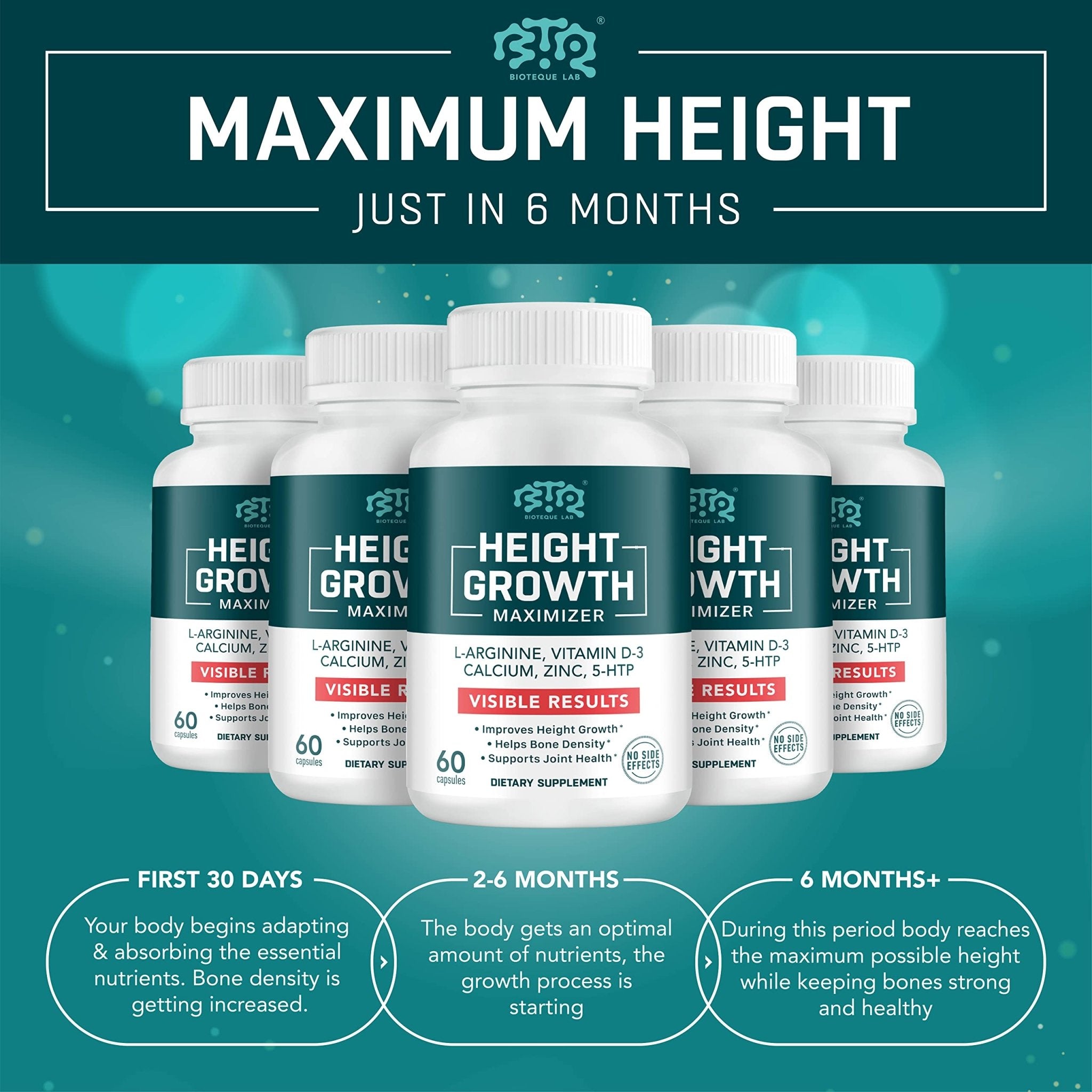 BIOTEQUELAB Height Growth Maximizer, Calcium, Vitamin D3 and Zinc Blend Pills, Bone Growth Supplement for Kids and Teens, Bone Strength, Density Support, GMO-Free, Gluten-Free, Made in USA, 60 Caps - TrustMedUSA