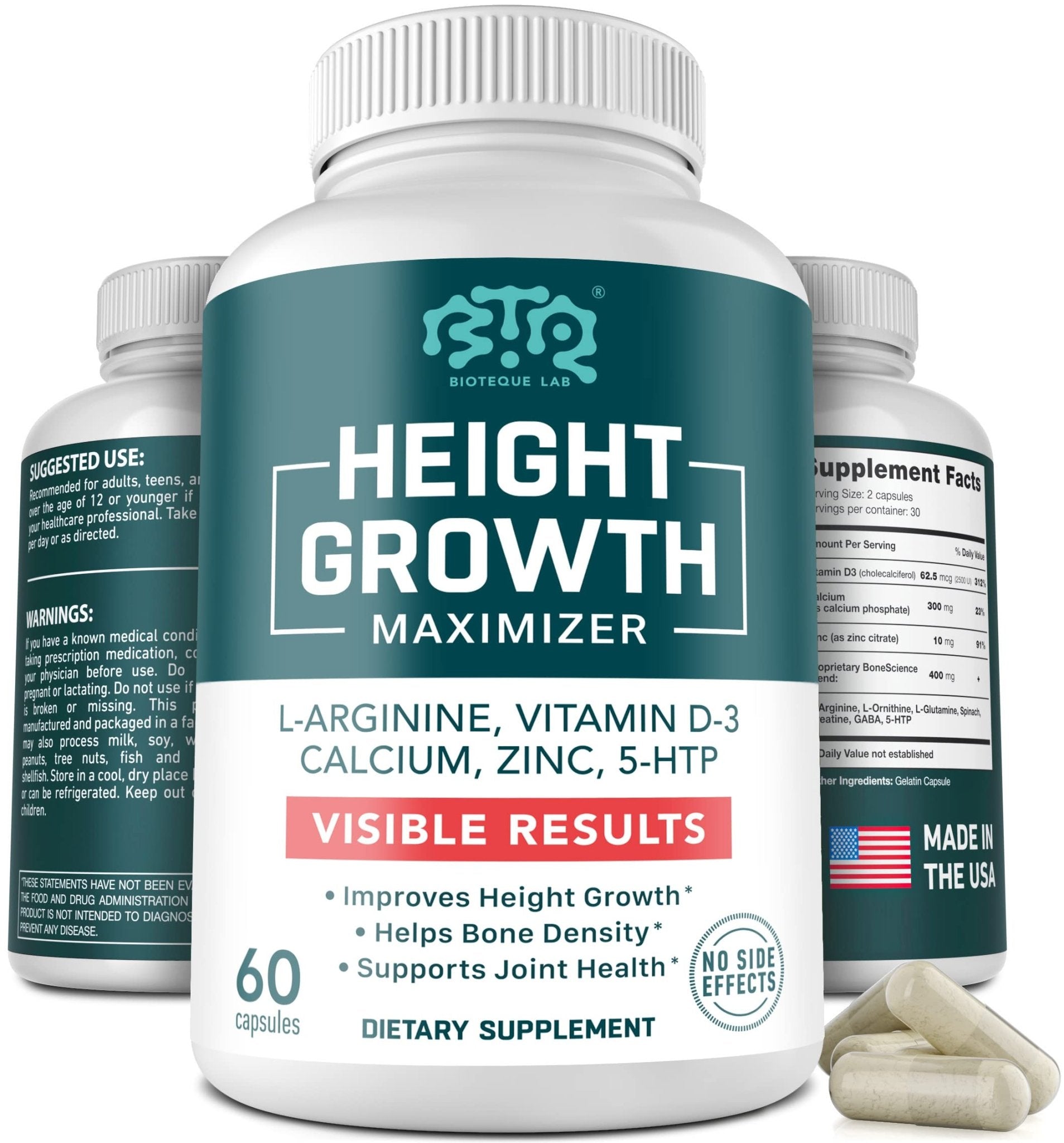 BIOTEQUELAB Height Growth Maximizer, Calcium, Vitamin D3 and Zinc Blend Pills, Bone Growth Supplement for Kids and Teens, Bone Strength, Density Support, GMO-Free, Gluten-Free, Made in USA, 60 Caps - TrustMedUSA