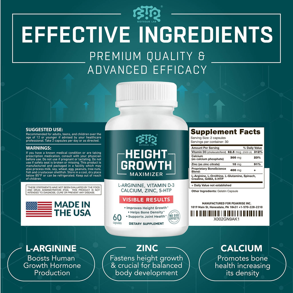 BIOTEQUELAB Height Growth Maximizer, Calcium, Vitamin D3 and Zinc Blend Pills, Bone Growth Supplement for Kids and Teens, Bone Strength, Density Support, GMO-Free, Gluten-Free, Made in USA, 60 Caps - TrustMedUSA