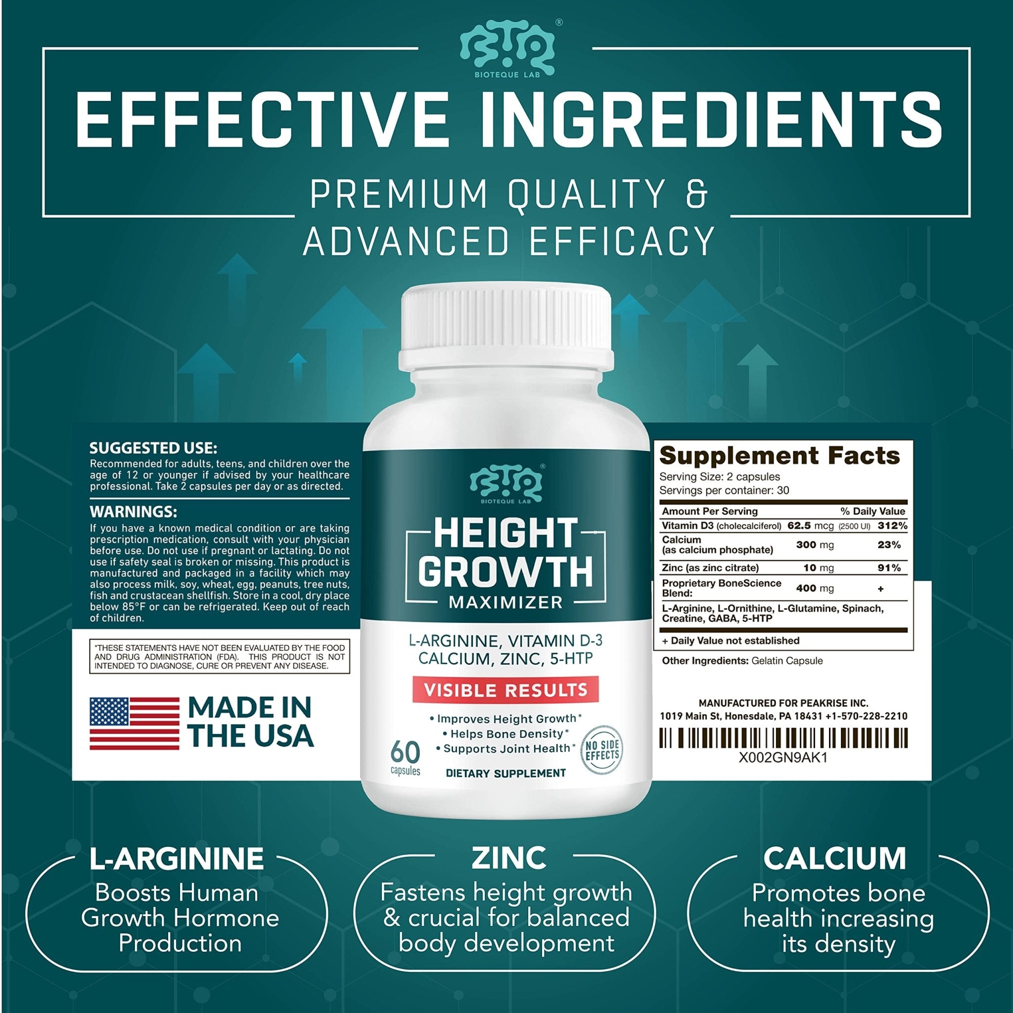 BIOTEQUELAB Height Growth Maximizer, Calcium, Vitamin D3 and Zinc Blend Pills, Bone Growth Supplement for Kids and Teens, Bone Strength, Density Support, GMO-Free, Gluten-Free, Made in USA, 60 Caps - TrustMedUSA