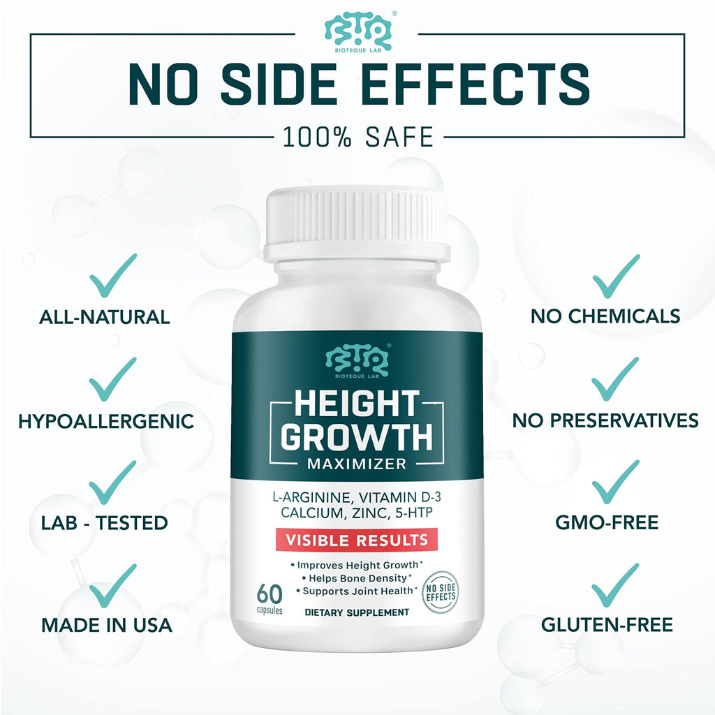 BIOTEQUELAB Height Growth Maximizer, Calcium, Vitamin D3 and Zinc Blend Pills, Bone Growth Supplement for Kids and Teens, Bone Strength, Density Support, GMO-Free, Gluten-Free, Made in USA, 60 Caps - TrustMedUSA