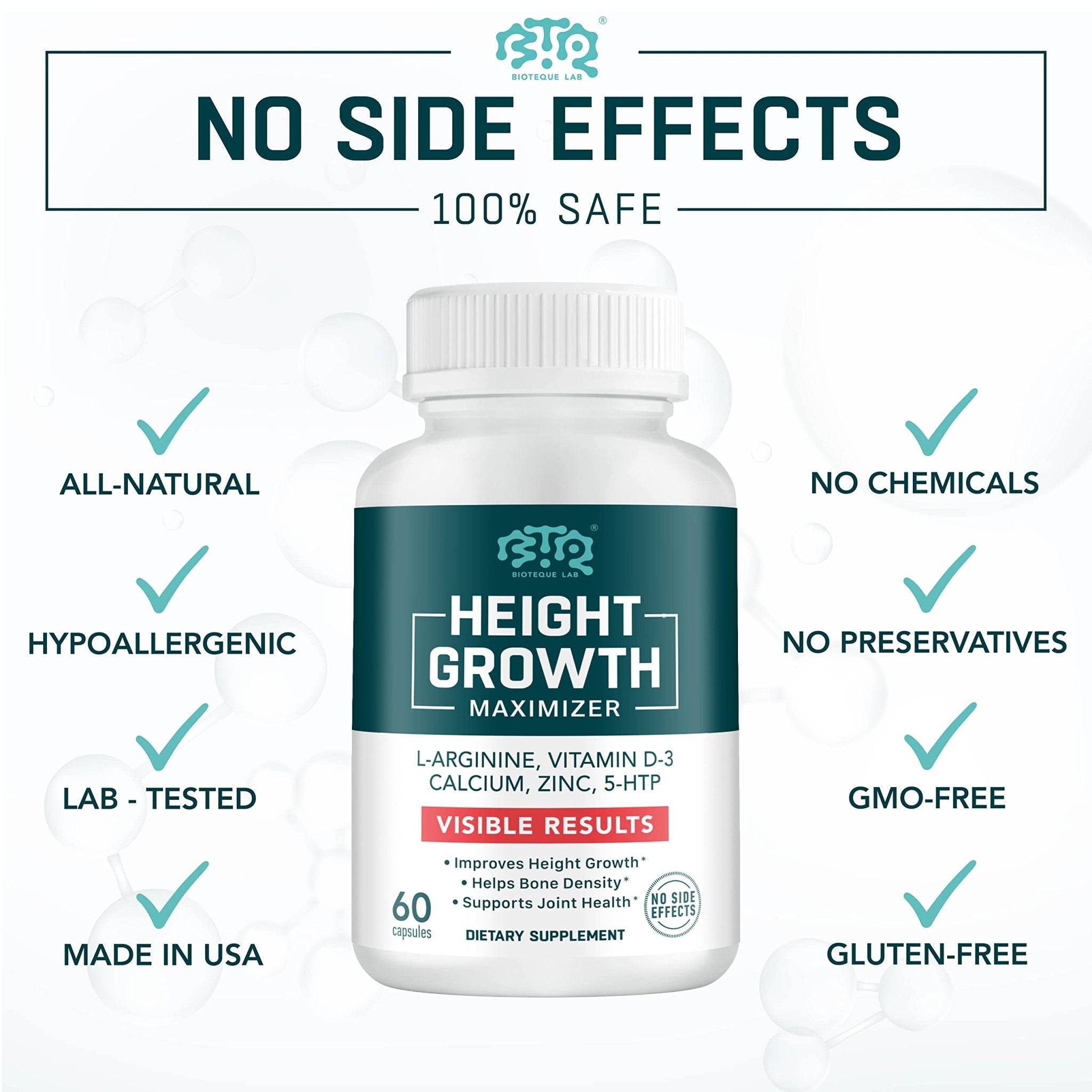 BIOTEQUELAB Height Growth Maximizer, Calcium, Vitamin D3 and Zinc Blend Pills, Bone Growth Supplement for Kids and Teens, Bone Strength, Density Support, GMO-Free, Gluten-Free, Made in USA, 60 Caps - TrustMedUSA