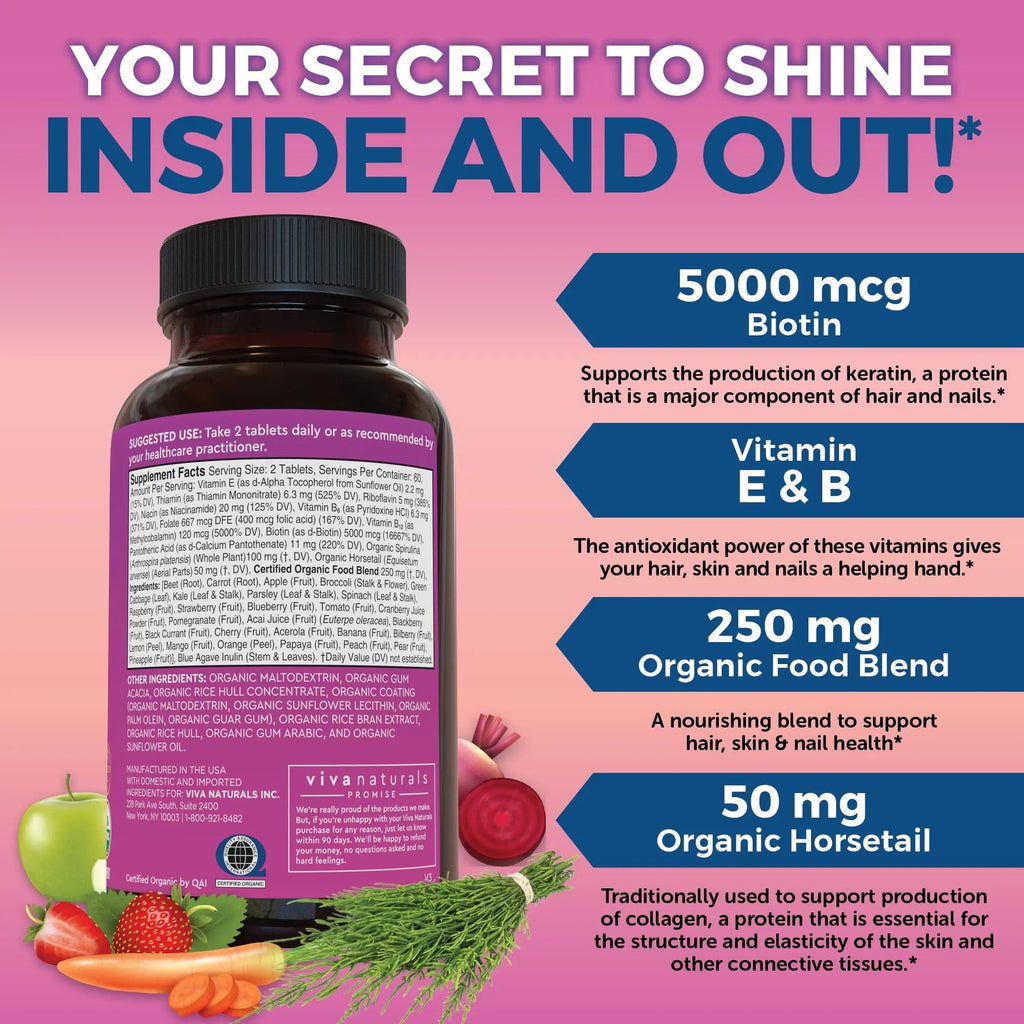Biotin 5000 mcg Hair Skin Nails Vitamins for Women – Organic and Vegetarian-Friendly Supplement with Vitamin E, B-Vitamins, Spirulina - TrustMedUSA
