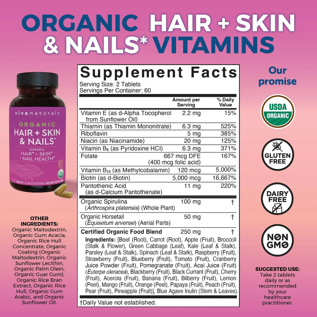 Biotin 5000 mcg Hair Skin Nails Vitamins for Women – Organic and Vegetarian-Friendly Supplement with Vitamin E, B-Vitamins, Spirulina - TrustMedUSA