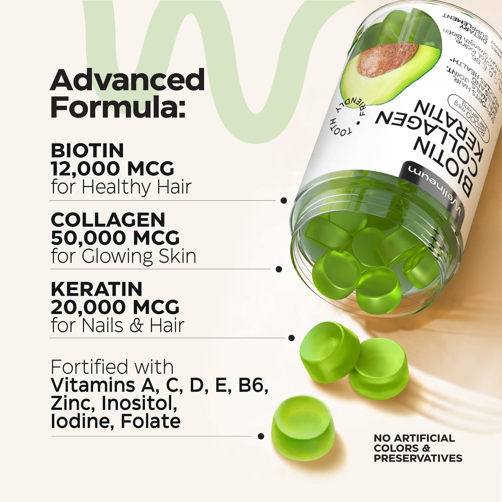 Biotin for Hair Growth Women/Men 12000mcg, Skin & Nails Support Gummies + 70000mcg Collagen Peptides (Collagen Powder in Gummy Form) + 20000mcg Keratin + Retinol, Sugar Free, 120 Gummies (2 Pack) - Maple Wellness Supplements