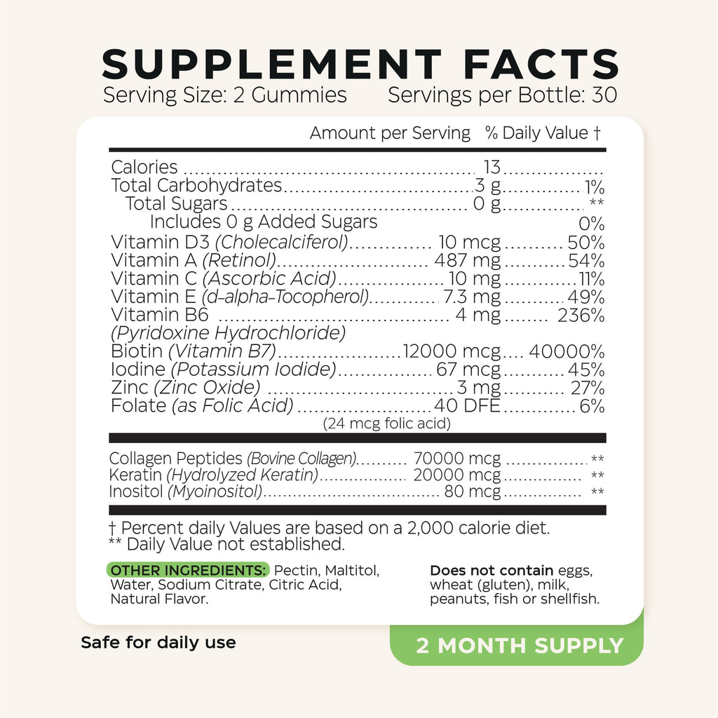 Biotin for Hair Growth Women/Men 12000mcg, Skin & Nails Support Gummies + 70000mcg Collagen Peptides (Collagen Powder in Gummy Form) + 20000mcg Keratin + Retinol, Sugar Free, 120 Gummies (2 Pack) - Maple Wellness Supplements