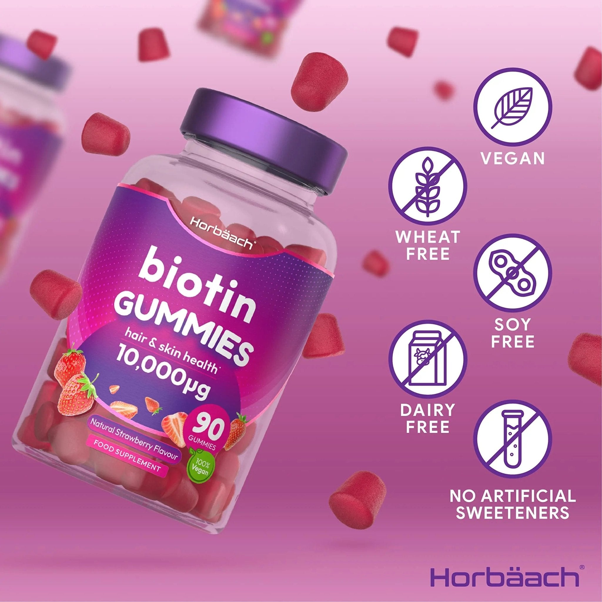 Biotin Gummies 10,000mcg | 90 Vegan Vitamins | Natural Strawberry Flavour - TrustMedUSA
