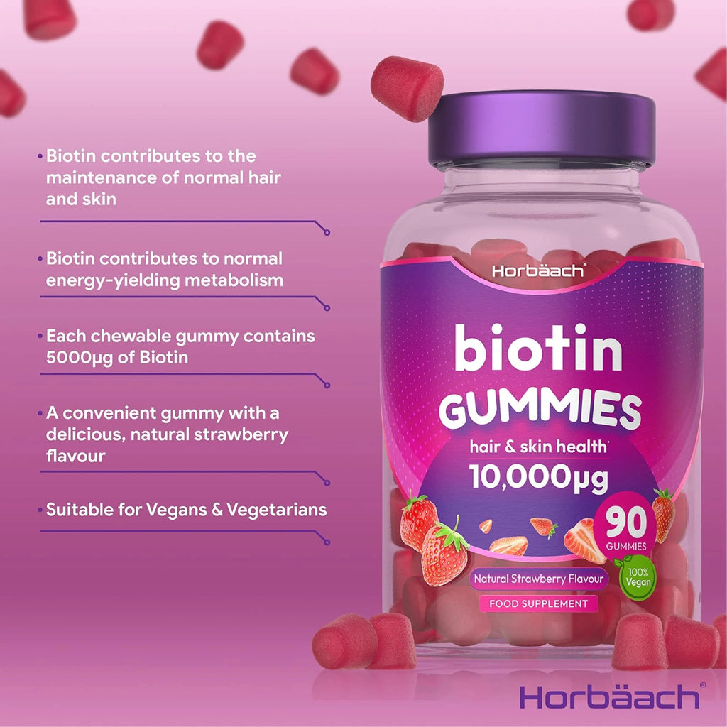 Biotin Gummies 10,000mcg | 90 Vegan Vitamins | Natural Strawberry Flavour - TrustMedUSA