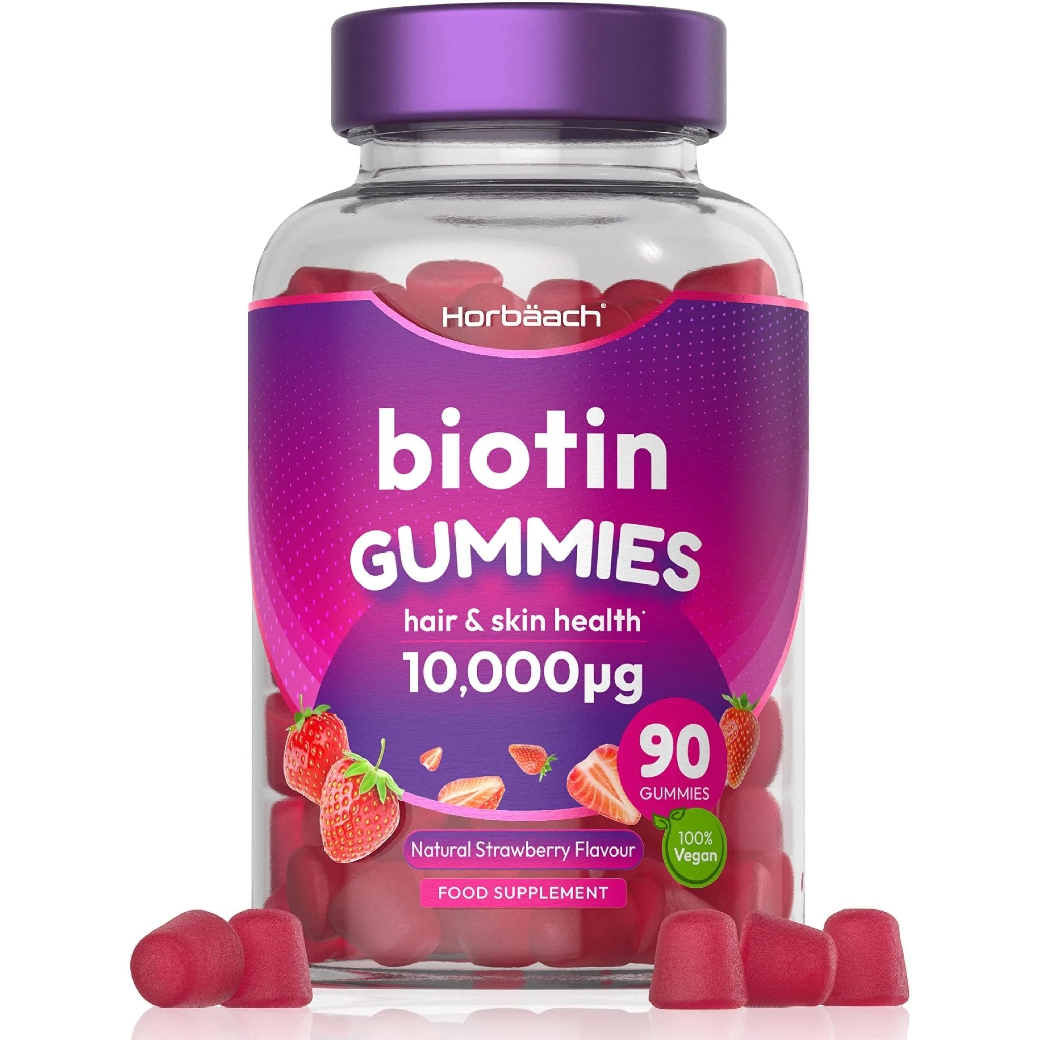 Biotin Gummies 10,000mcg | 90 Vegan Vitamins | Natural Strawberry Flavour - TrustMedUSA