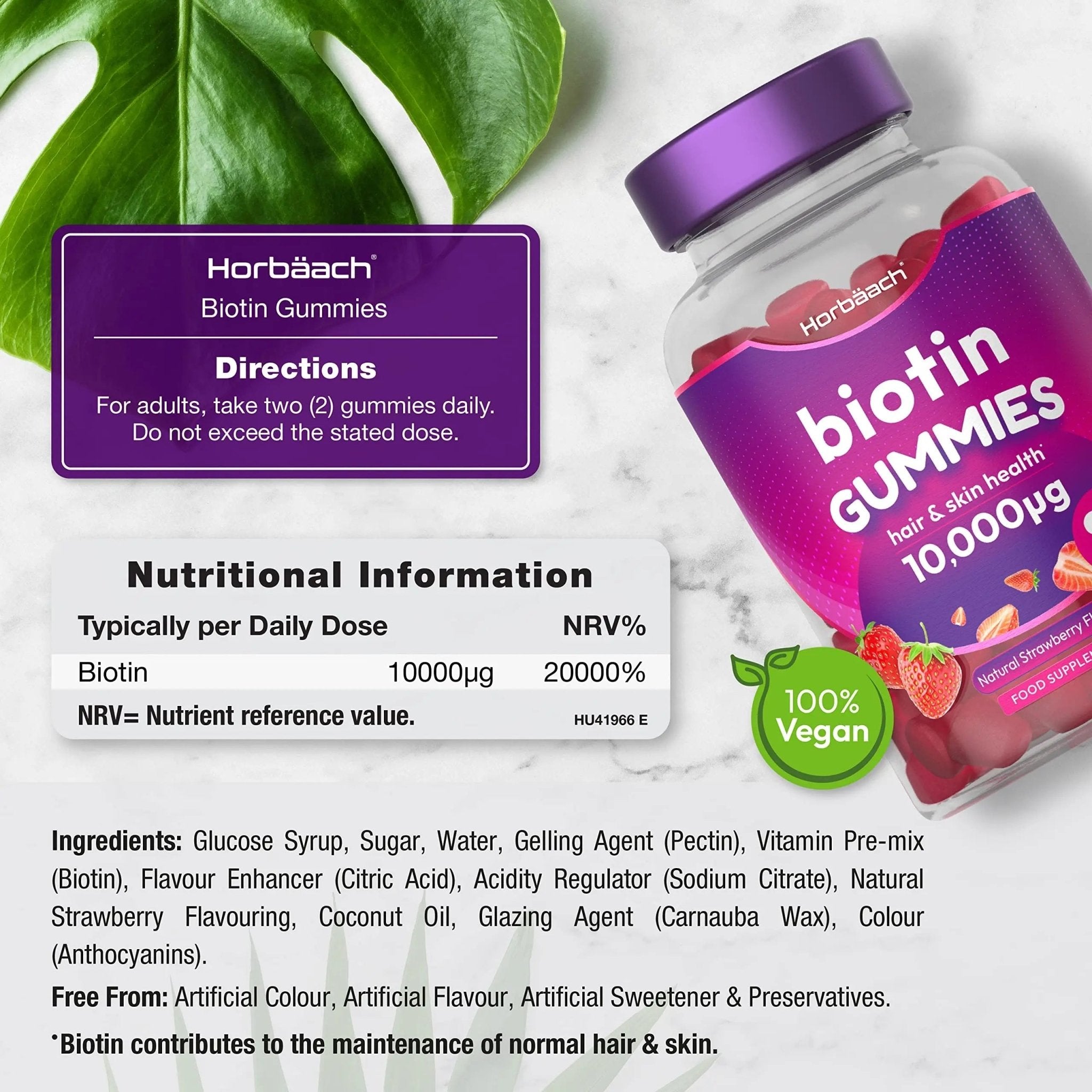Biotin Gummies 10,000mcg | 90 Vegan Vitamins | Natural Strawberry Flavour - TrustMedUSA