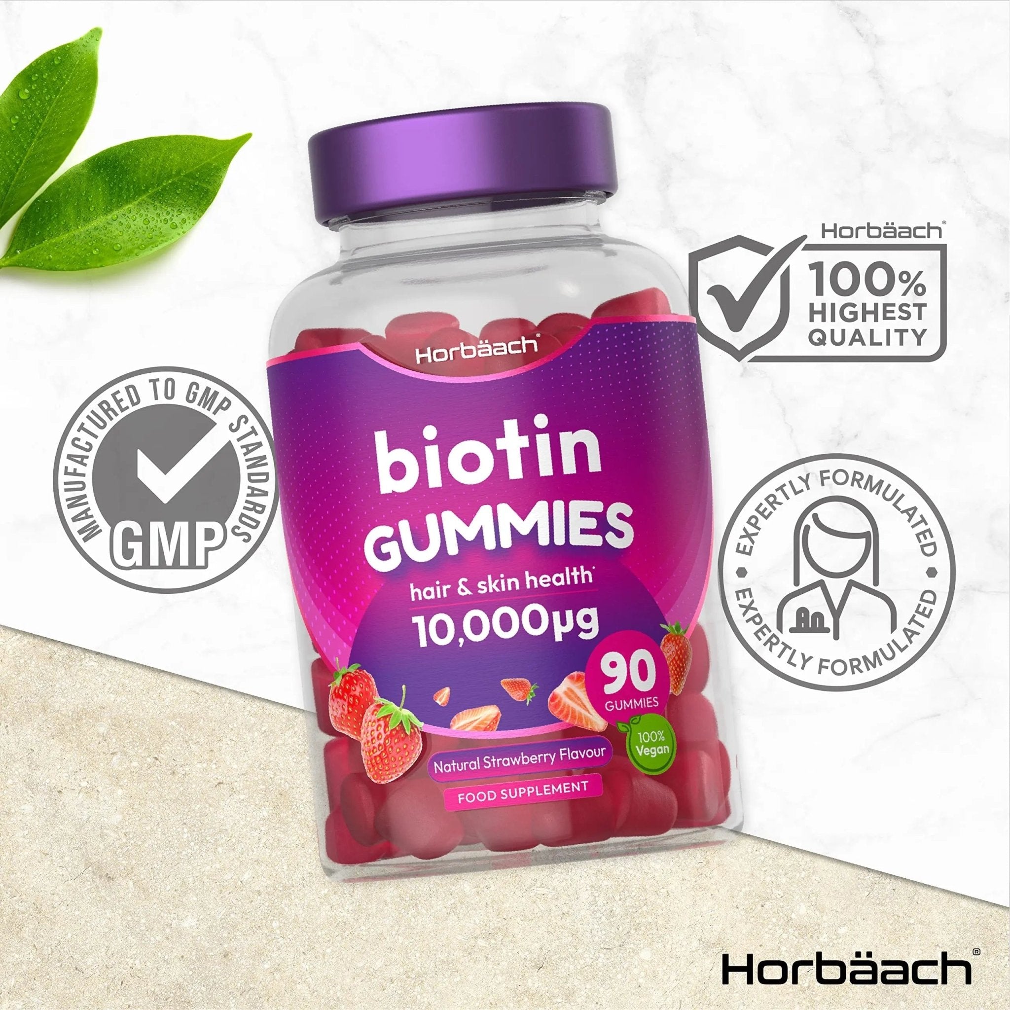 Biotin Gummies 10,000mcg | 90 Vegan Vitamins | Natural Strawberry Flavour - TrustMedUSA