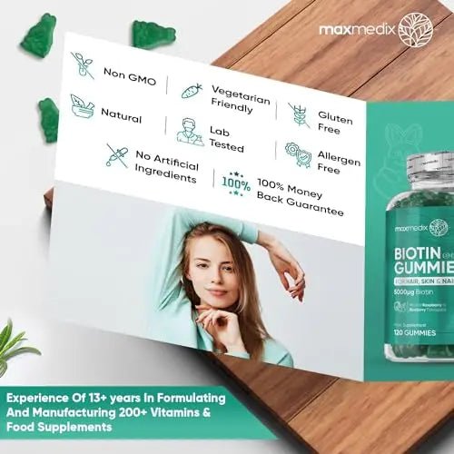 Biotin Gummies 5000mcg - with Vitamin A, B, C, D, E & Selenium – 120 Hair Nails and Skin - TrustMedUSA