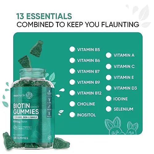Biotin Gummies 5000mcg - with Vitamin A, B, C, D, E & Selenium – 120 Hair Nails and Skin - TrustMedUSA