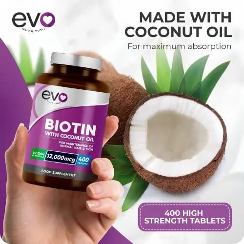 Biotin Hair Growth Supplement 12,000mcg with Coconut Oil | 400 High Strength Tablets - TrustMedUSA