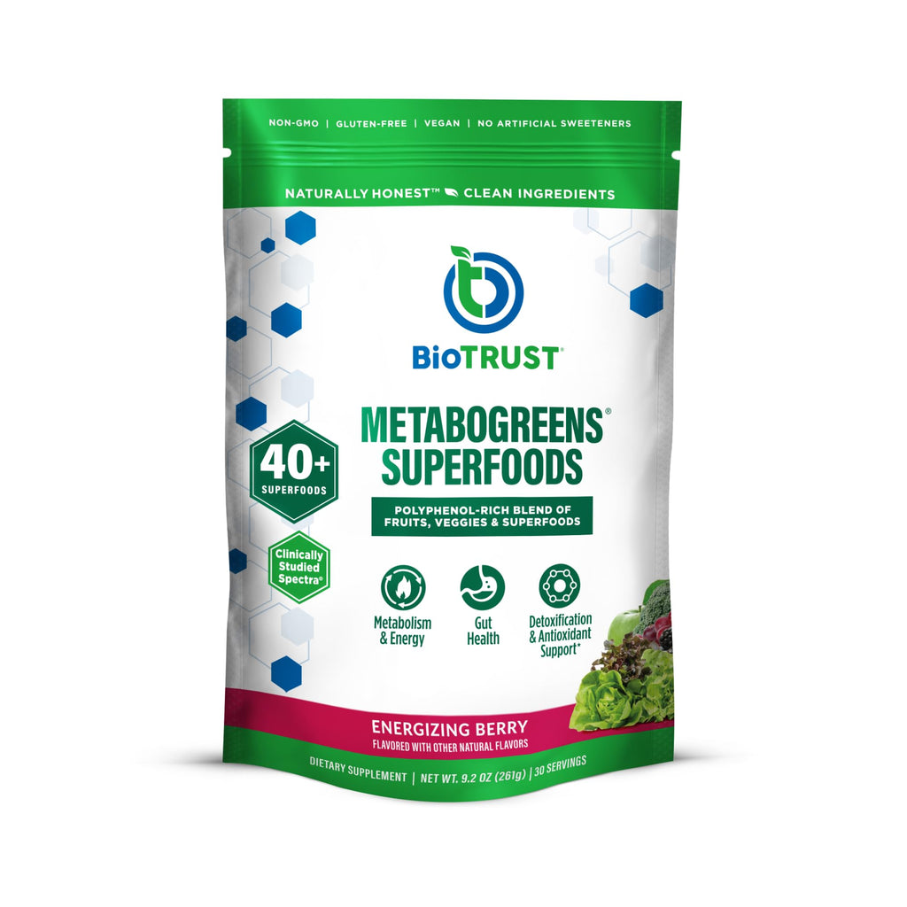 BioTrust Metabo Greens Superfood Powder - Super Greens Powder, Fruit & Veggie Blend with Clinically Studied Spectra - Non GMO, Soy Free, Gluten Free, Dairy Free, Energizing Berry Flavor (30 Servings) - TrustMedUSA