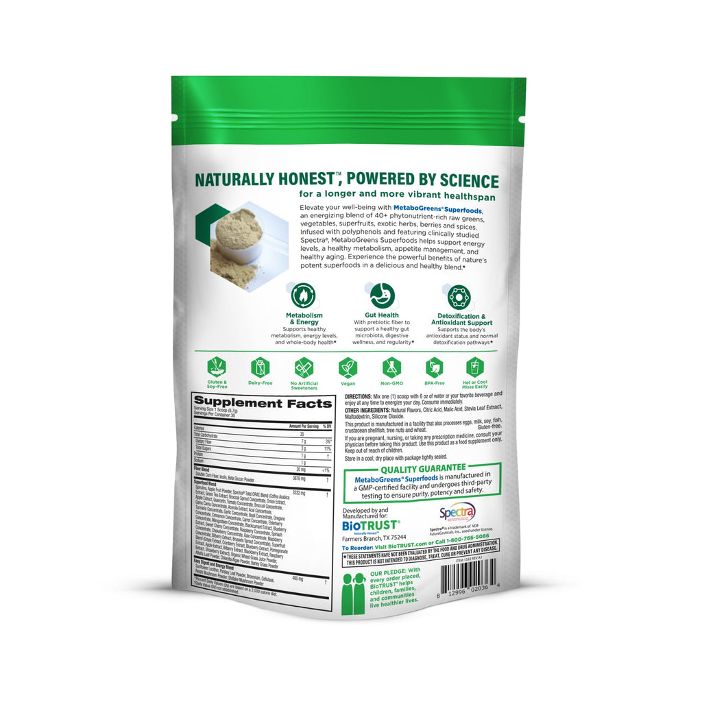 BioTrust Metabo Greens Superfood Powder - Super Greens Powder, Fruit & Veggie Blend with Clinically Studied Spectra - Non GMO, Soy Free, Gluten Free, Dairy Free, Energizing Berry Flavor (30 Servings) - TrustMedUSA