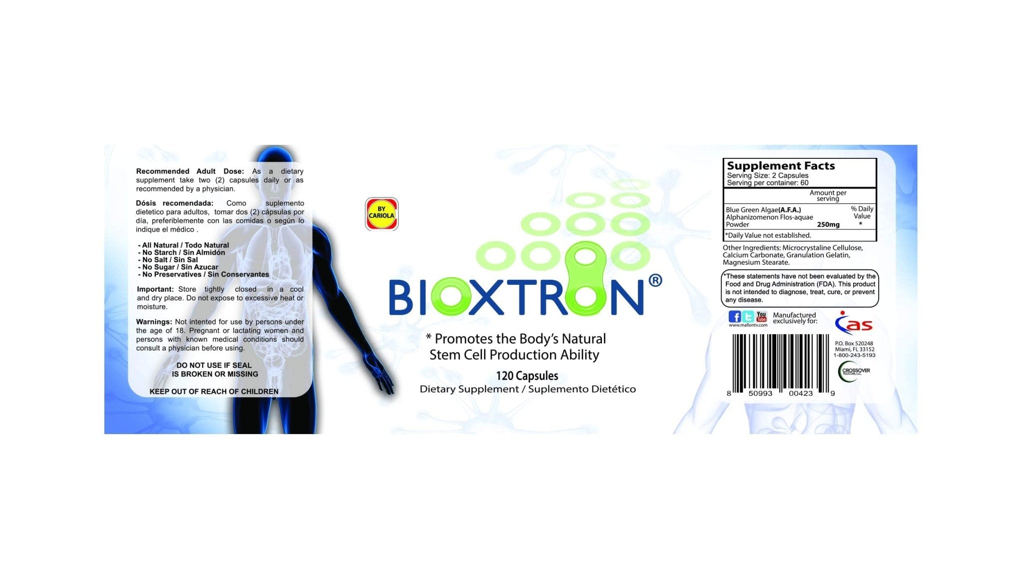 Bioxtron Natural AFA Stem Cell Supplement - Joint Support & Muscle Pain - Immune System Support - Natural Blue Green Algae Spirulina - 120 Caps - TrustMedUSA