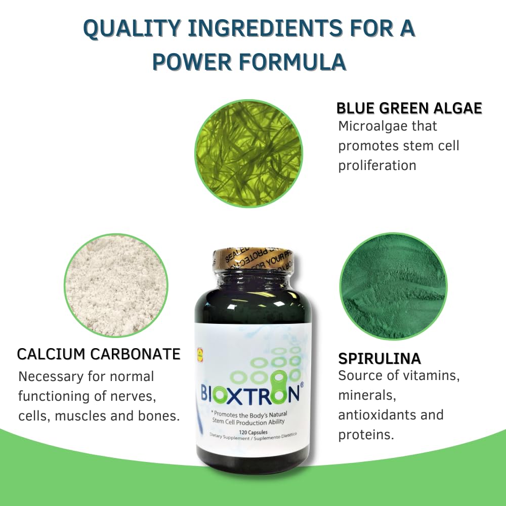 Bioxtron Natural AFA Stem Cell Supplement - Joint Support & Muscle Pain - Immune System Support - Natural Blue Green Algae Spirulina - 120 Caps - TrustMedUSA