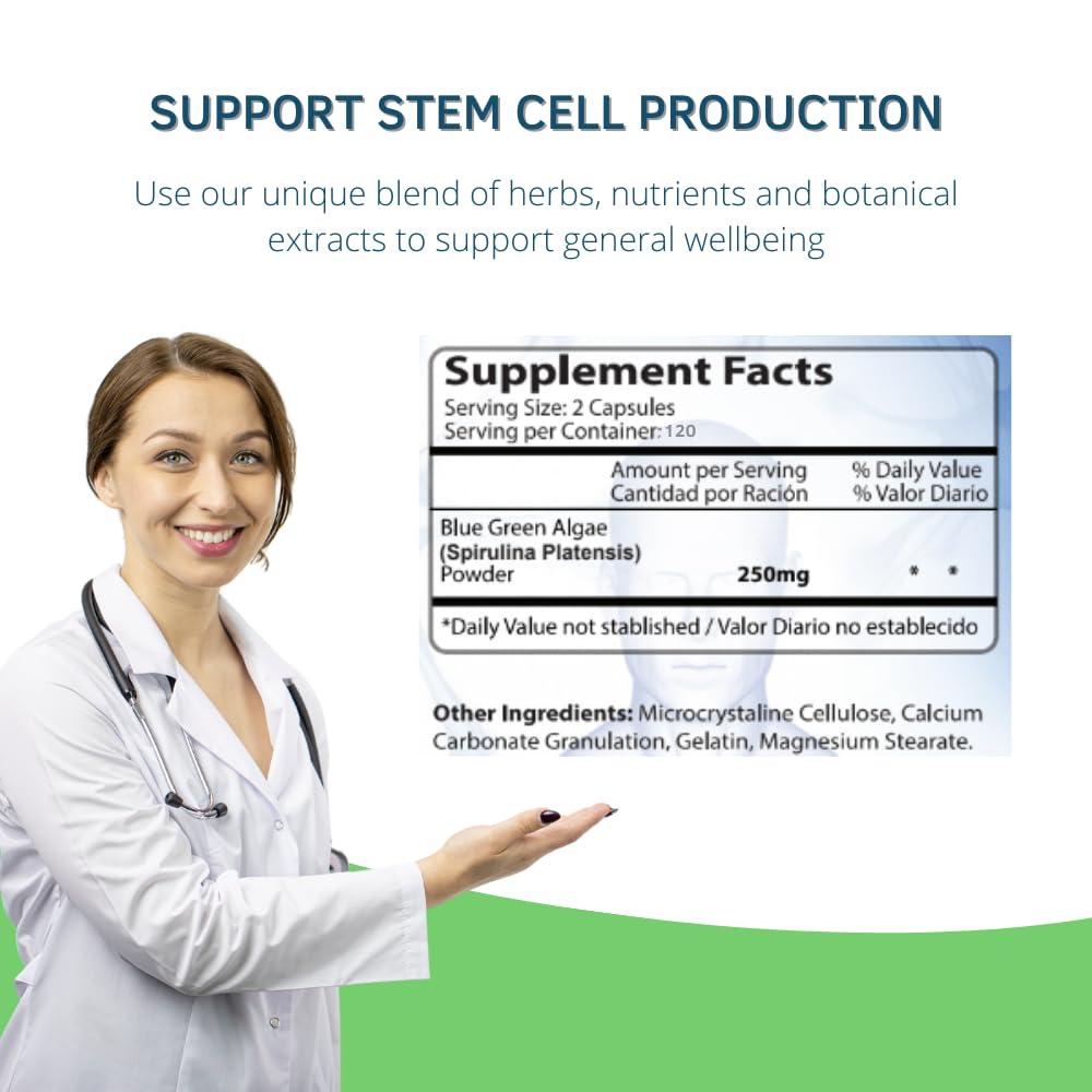Bioxtron Natural AFA Stem Cell Supplement - Joint Support & Muscle Pain - Immune System Support - Natural Blue Green Algae Spirulina - 120 Caps - TrustMedUSA