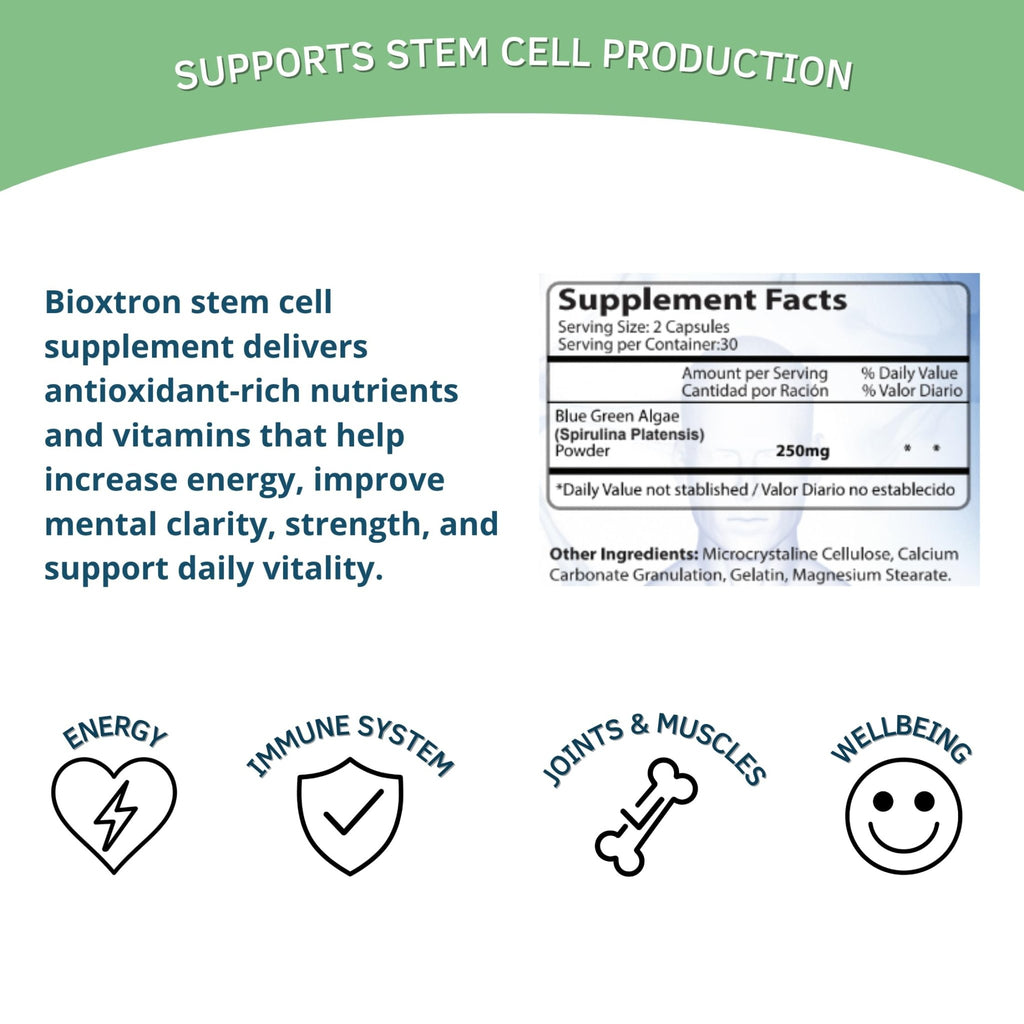 Bioxtron Natural AFA Stem Cell Supplement - Joint Support & Muscle Pain - Immune System Support - Support Energy Levels - Natural Blue Green Algae Spirulina - Pack of 2-120 Caps - TrustMedUSA
