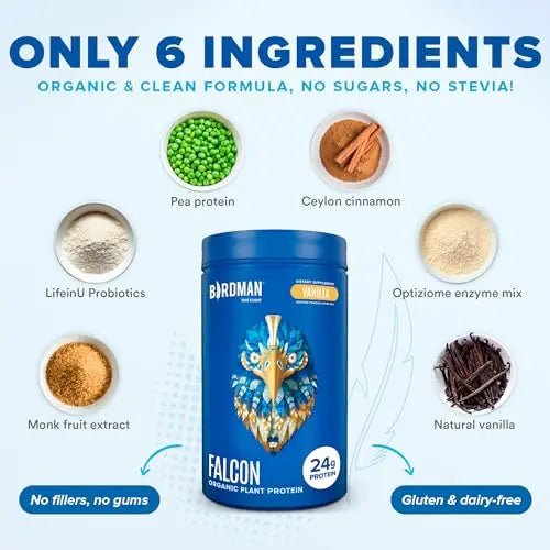 BIRDMAN Falcon Organic Vegan Protein Powder Vanilla, 24g Protein, Sugar Free, Probiotics - TrustMedUSA