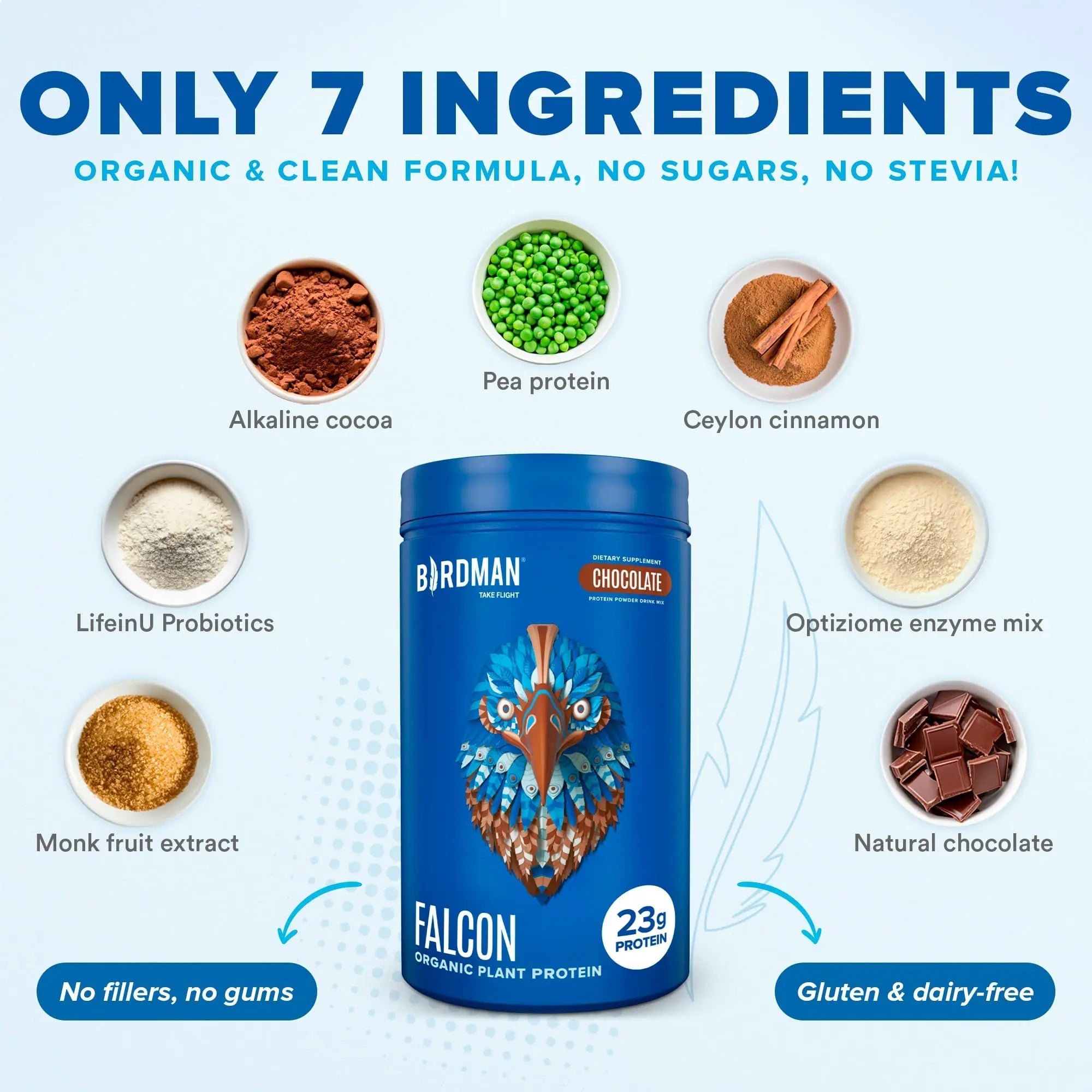 BIRDMAN Falcon Vegan Protein Powder Organic, Stevia & Sugar Free, Plant Based Protein - TrustMedUSA