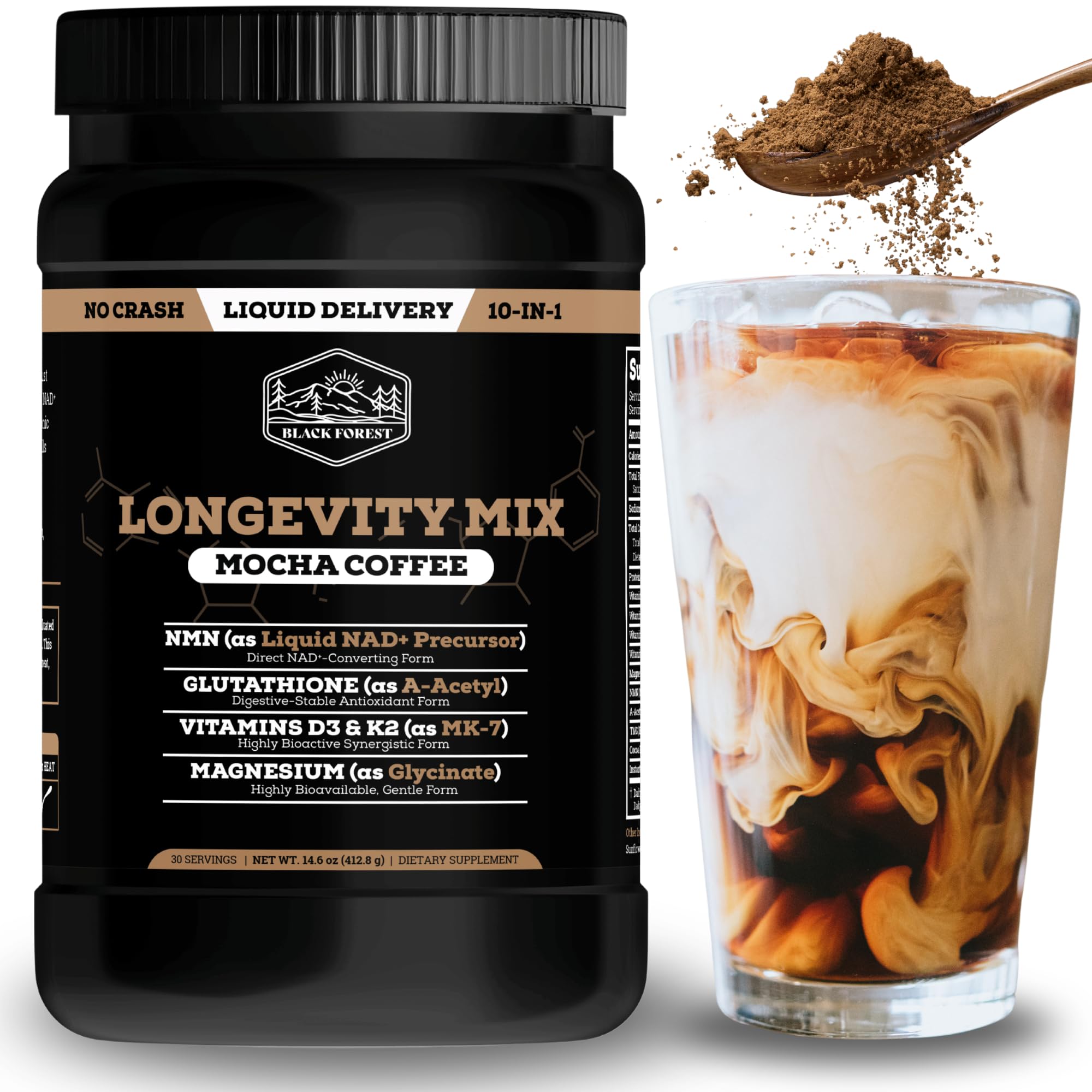 Black Forest Longevity Mix Liquid NAD+ Alternative Mocha Coffee 10-in-1 with NMN 250mg, Glutathione 250mg, TMG, Magnesium Glycinate, Vitamins D3 K2 C B12, High Polyphenol Cocoa, 30 Servings - TrustMedUSA
