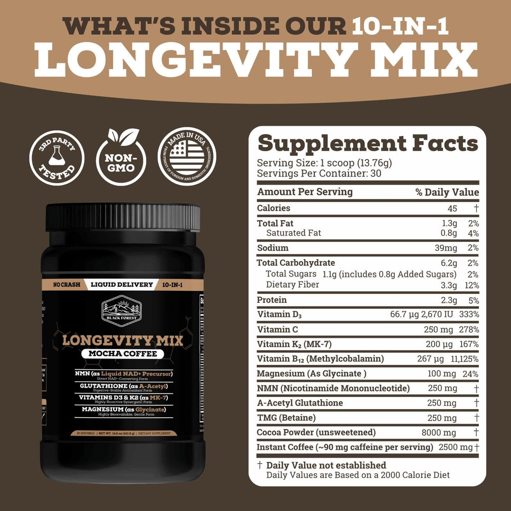 Black Forest Longevity Mix Liquid NAD+ Alternative Mocha Coffee 10-in-1 with NMN 250mg, Glutathione 250mg, TMG, Magnesium Glycinate, Vitamins D3 K2 C B12, High Polyphenol Cocoa, 30 Servings - TrustMedUSA