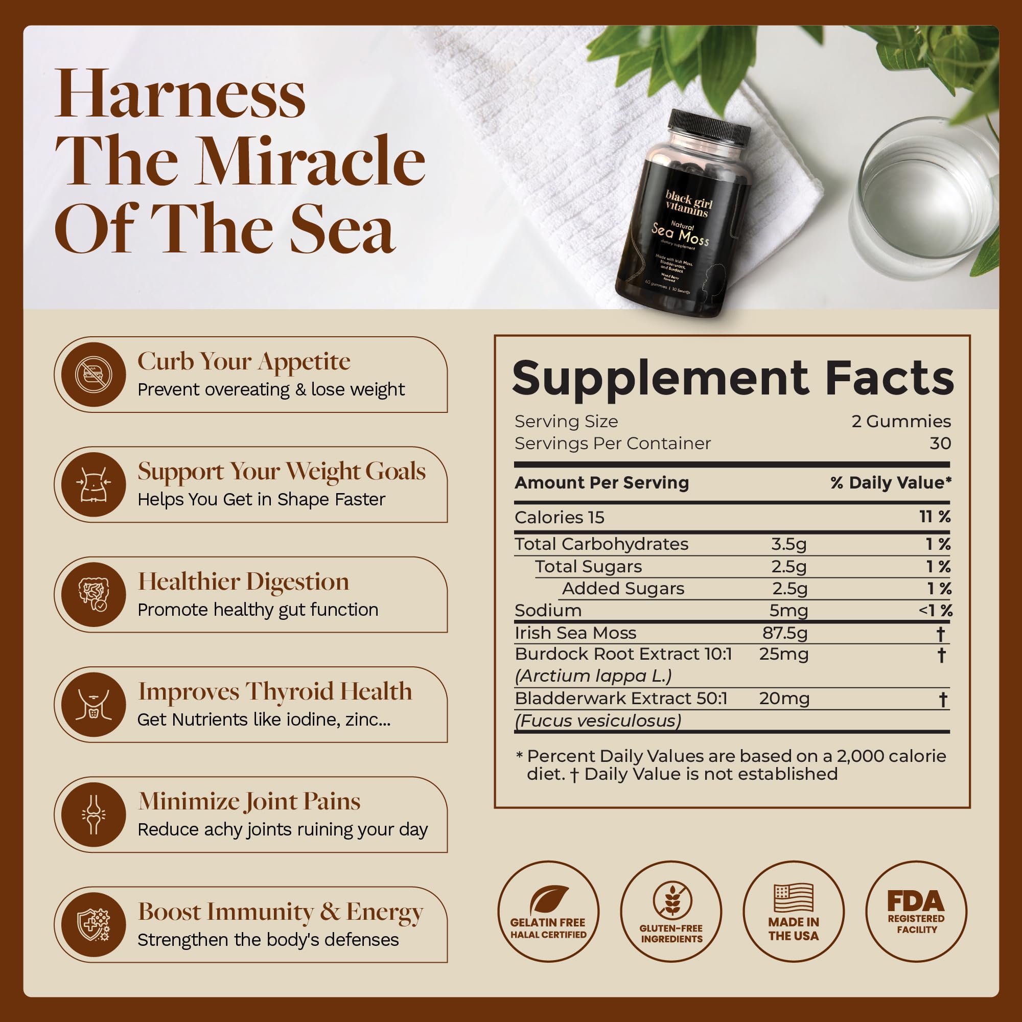 Black Girl Vitamins - Irish Sea Moss Gummies - SeaMoss + Bladderwrack & Burdock - 92 Minerals for Thyroid, Metabolism, and Immunity - Vegan - TrustMedUSA
