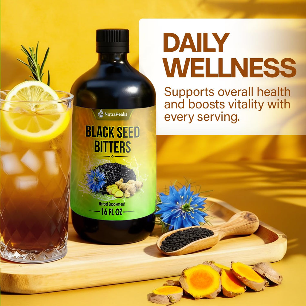 Black Seed Oil Bitters Liquid - Premium Herbal Blend with Black Seed Extract, Curcumin (Turmeric Extract), Ashwagandha, Elderberry, Probiotics, Vitamin C, Zinc...16 fl oz | Natural Botanical Blend - TrustMedUSA