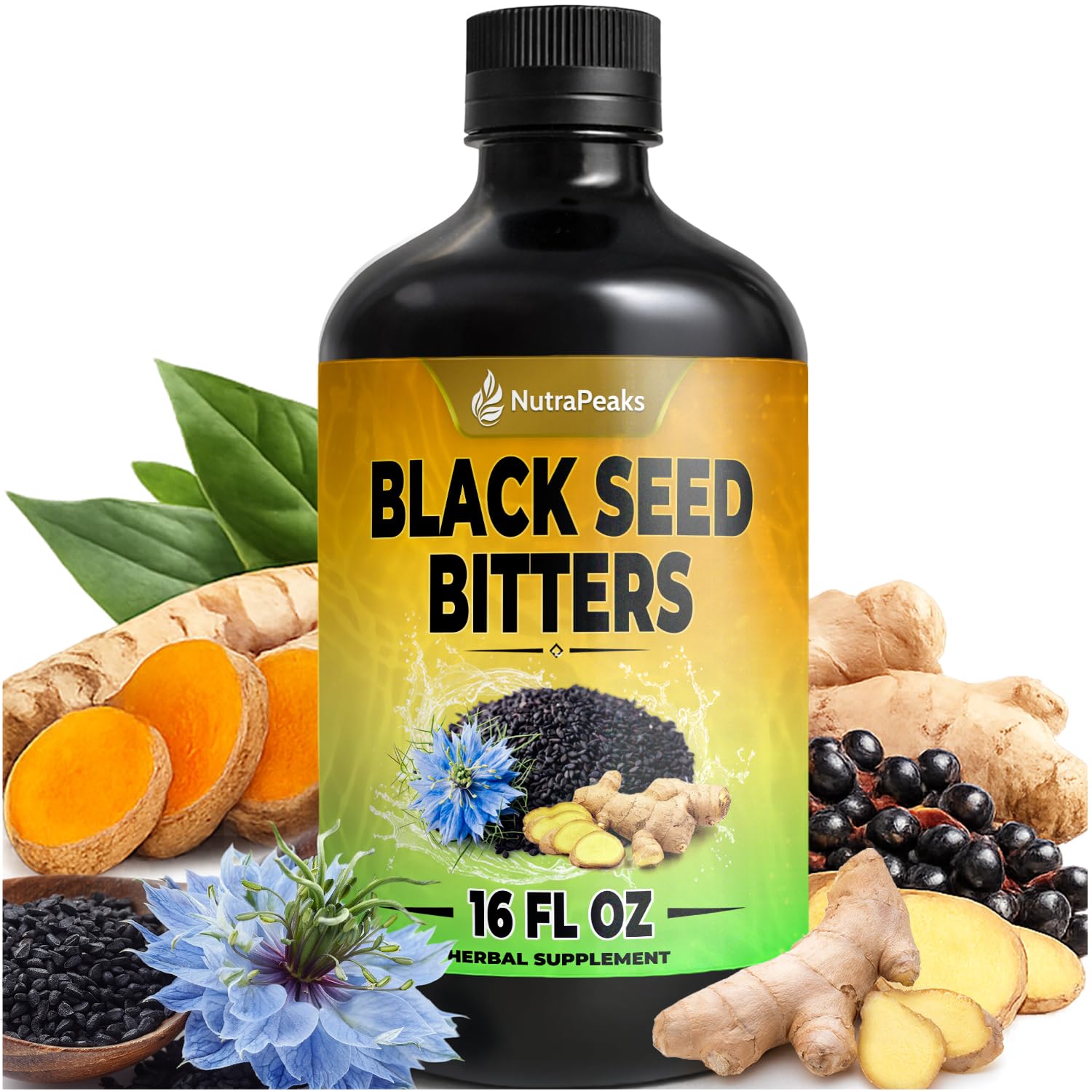 Black Seed Oil Bitters Liquid - Premium Herbal Blend with Black Seed Extract, Curcumin (Turmeric Extract), Ashwagandha, Elderberry, Probiotics, Vitamin C, Zinc...16 fl oz | Natural Botanical Blend - TrustMedUSA