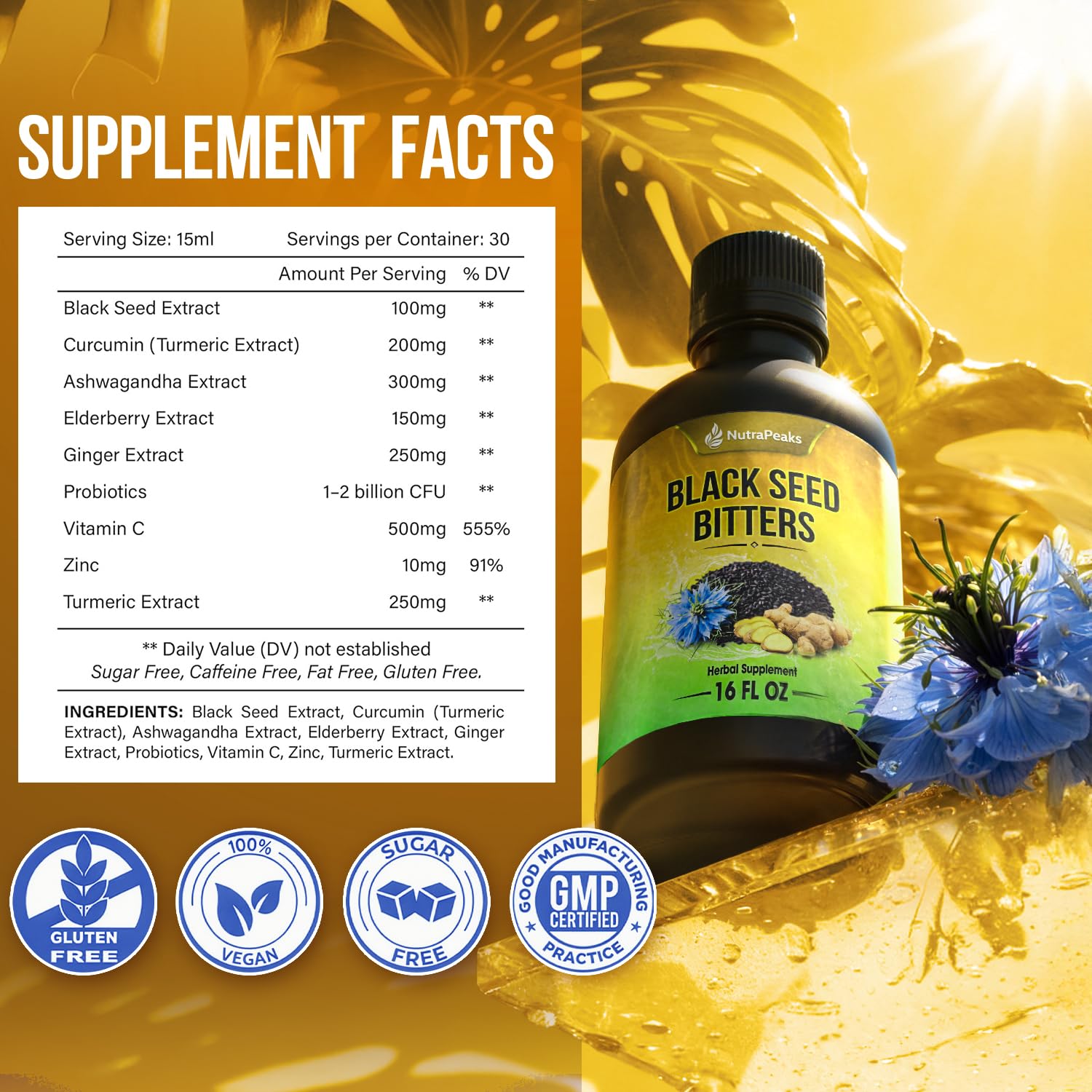 Black Seed Oil Bitters Liquid - Premium Herbal Blend with Black Seed Extract, Curcumin (Turmeric Extract), Ashwagandha, Elderberry, Probiotics, Vitamin C, Zinc...16 fl oz | Natural Botanical Blend - TrustMedUSA