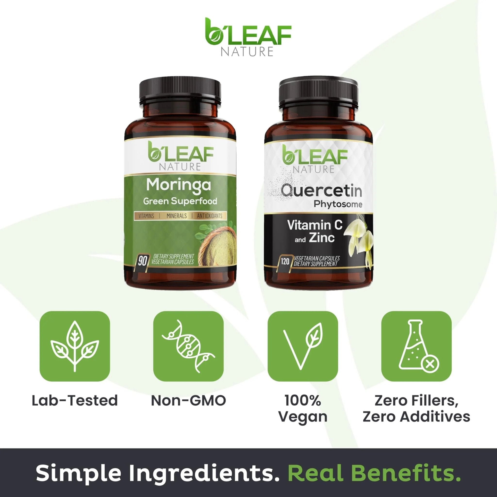 B'LEAF NATURE Moringa and Quercetin Bundle - Non-GMO, Vegan, High Absorption Capsules - 1000mg Quercetin Phytosome Blend + 1000mg Moringa - Natural Energy, Wellness and Immune Support Supplements - TrustMedUSA
