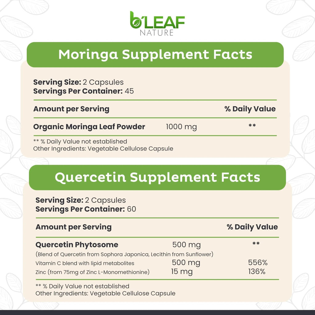B'LEAF NATURE Moringa and Quercetin Bundle - Non-GMO, Vegan, High Absorption Capsules - 1000mg Quercetin Phytosome Blend + 1000mg Moringa - Natural Energy, Wellness and Immune Support Supplements - TrustMedUSA