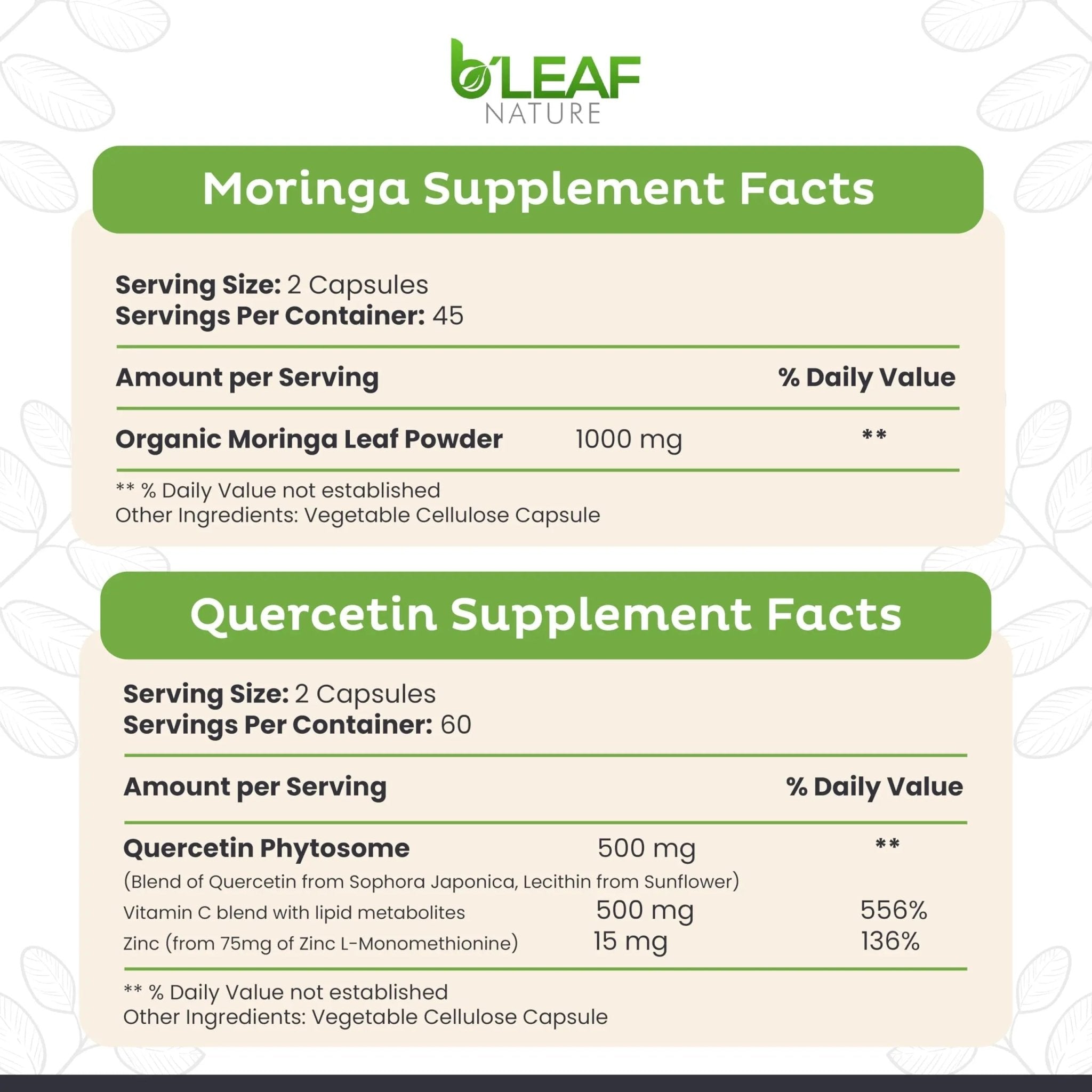 B'LEAF NATURE Moringa and Quercetin Bundle - Non-GMO, Vegan, High Absorption Capsules - 1000mg Quercetin Phytosome Blend + 1000mg Moringa - Natural Energy, Wellness and Immune Support Supplements - TrustMedUSA