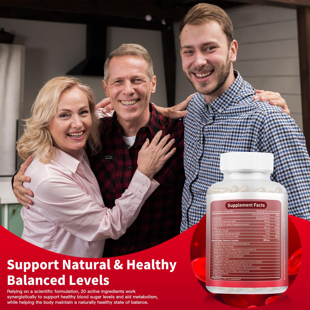 Blood Sugar Complex Supplement – Natural with 20 Active Herbs and Vitamins, Including Cinnamon, Bitter Melon, Black Pepper, Licorice, Vegan, Non-GMO, Gluten-Free, 60 Capsules - TrustMedUSA