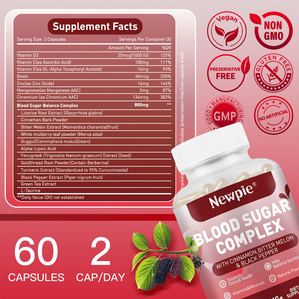 Blood Sugar Complex Supplement – Natural with 20 Active Herbs and Vitamins, Including Cinnamon, Bitter Melon, Black Pepper, Licorice, Vegan, Non-GMO, Gluten-Free, 60 Capsules - TrustMedUSA