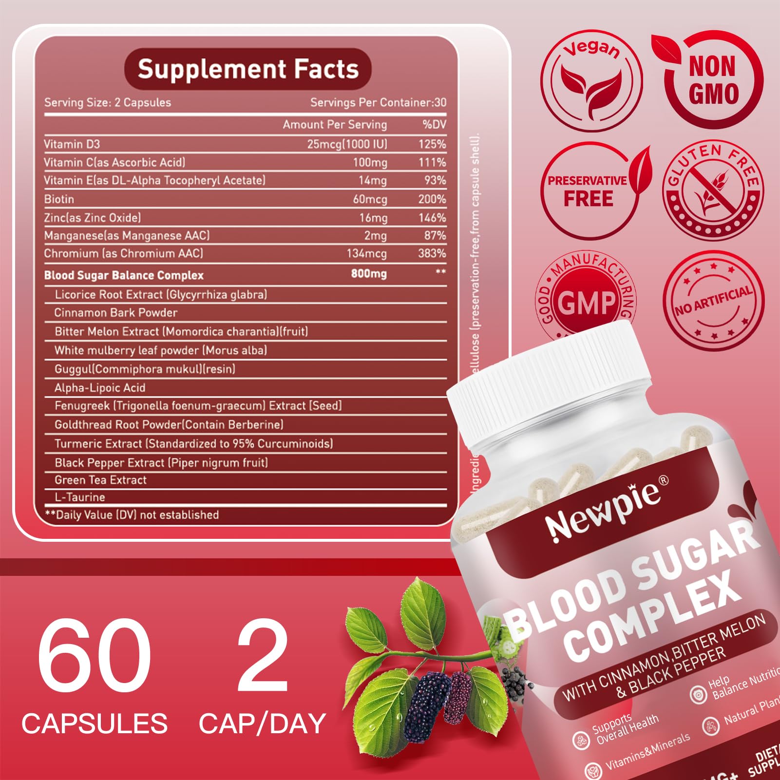 Blood Sugar Complex Supplement – Natural with 20 Active Herbs and Vitamins, Including Cinnamon, Bitter Melon, Black Pepper, Licorice, Vegan, Non-GMO, Gluten-Free, 60 Capsules - TrustMedUSA