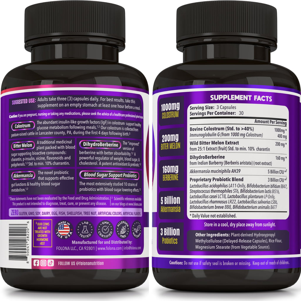 Blood Sugar Support Colostrum Supplement w/ Bitter Melon, Probiotics Blend w/ Akkermansia & Prebiotic Berberine | For Healthy Blood Glucose, Metabolism, Gut & Immunity | 90 Delayed Release Vegan Caps - TrustMedUSA