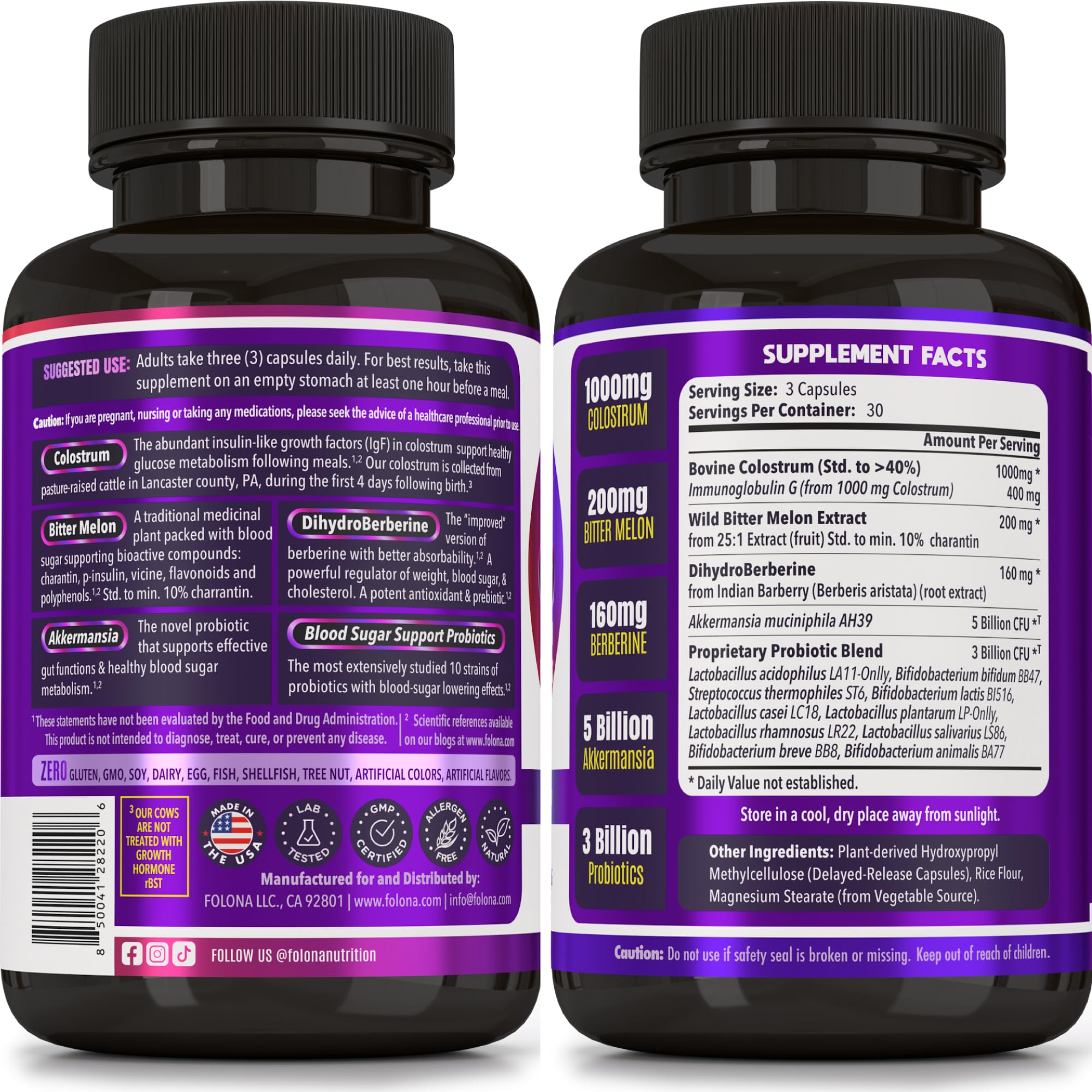 Blood Sugar Support Colostrum Supplement w/ Bitter Melon, Probiotics Blend w/ Akkermansia & Prebiotic Berberine | For Healthy Blood Glucose, Metabolism, Gut & Immunity | 90 Delayed Release Vegan Caps - TrustMedUSA
