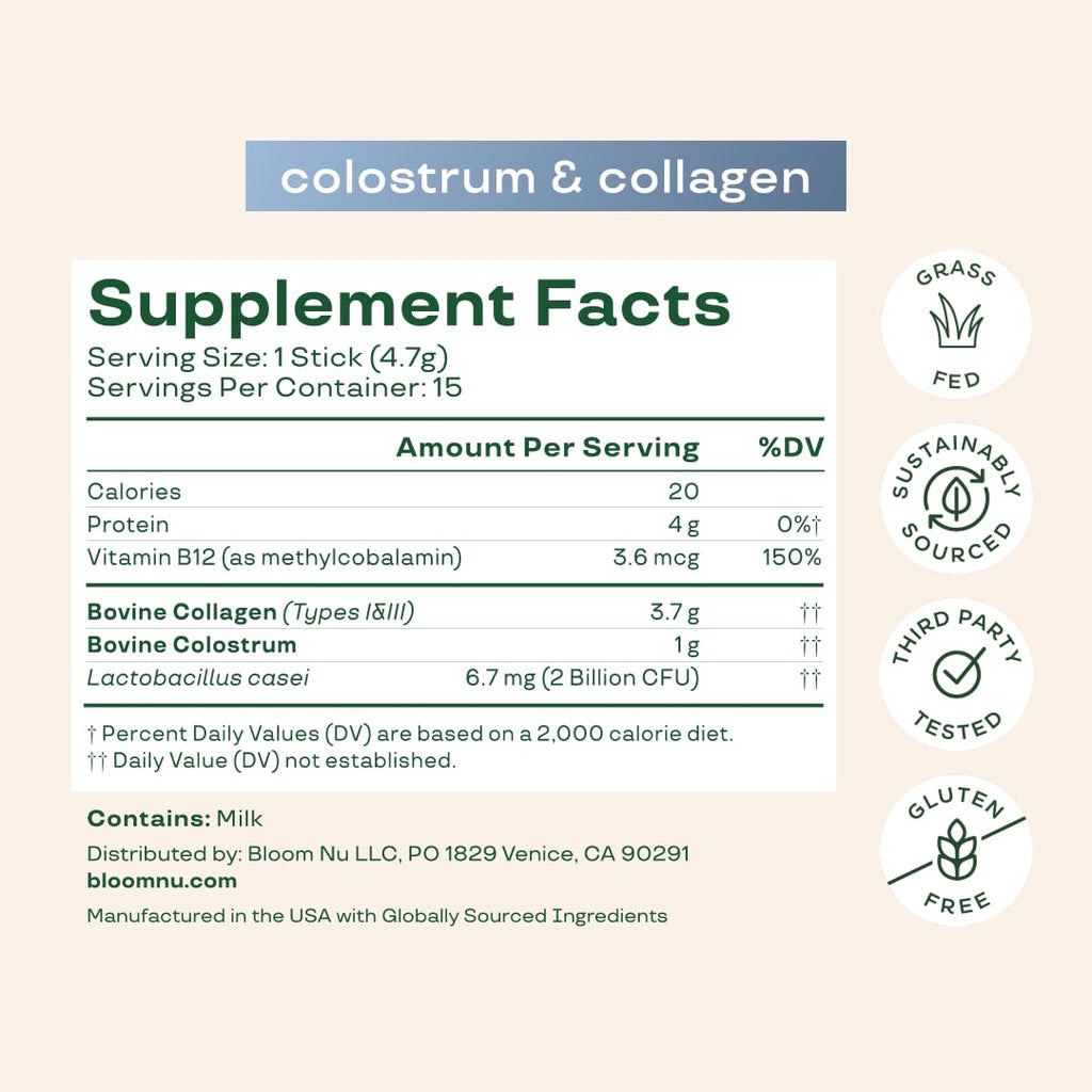 Bloom Nutrition Bovine Colostrum Powder Packet, Gut Health, Immune Support, Hair Growth & Beauty Supplement, Gluten Free, Sugar Free | Unflavored, 15 Servings - TrustMedUSA