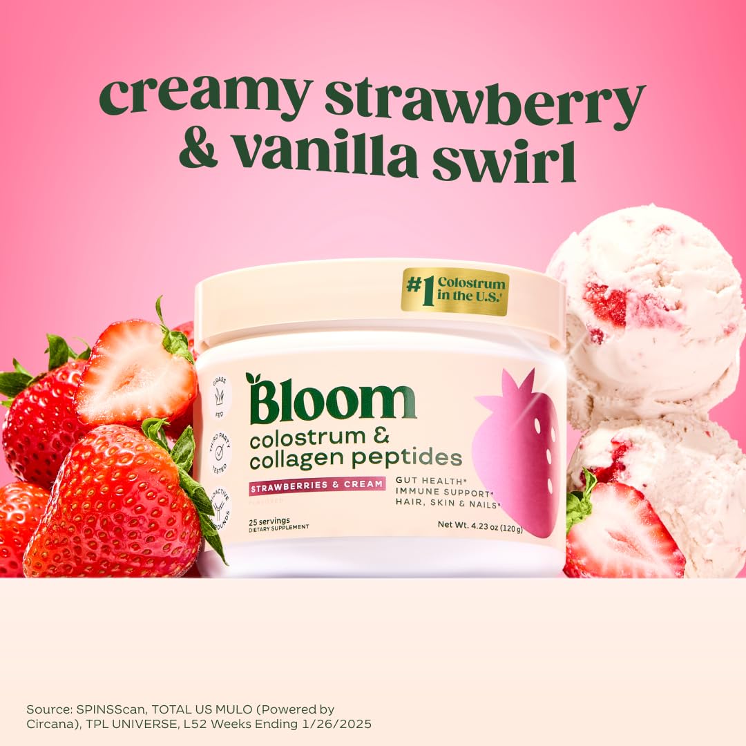 Bloom Nutrition Bovine Colostrum Powder with Vitamin B-12 for Gut Health, Immune Support, Hair Growth & Beauty Supplement | Strawberry, 25 Servings - TrustMedUSA