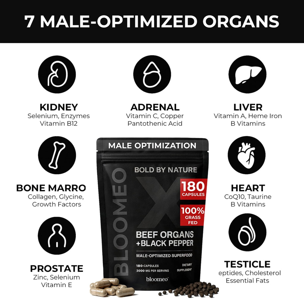 Bloomeo Beef Organ Supplement for Men | 100% Grass Fed Beef Liver Capsules with Bull Testicle, Prostate, Bone Marrow & More X: Ancestral Superfoods for Vital Energy, Immunity & Men’s Health, 180 ct - Maple Wellness Supplements