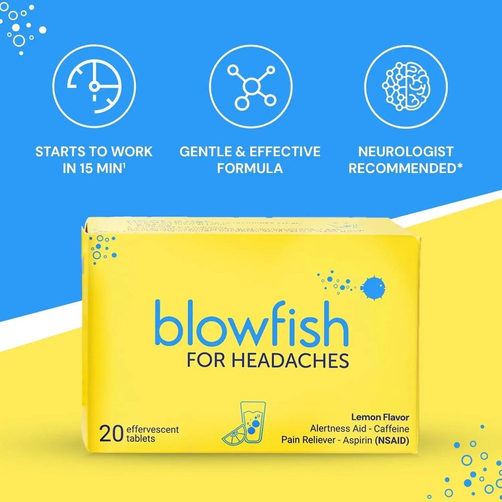 Blowfish for Headaches | Maximum Strength Effervescent Pain Relief Tablets – Treats Headaches Fast, 2X Faster Than Pills – Lemon Flavor (2 Pack) - TrustMedUSA